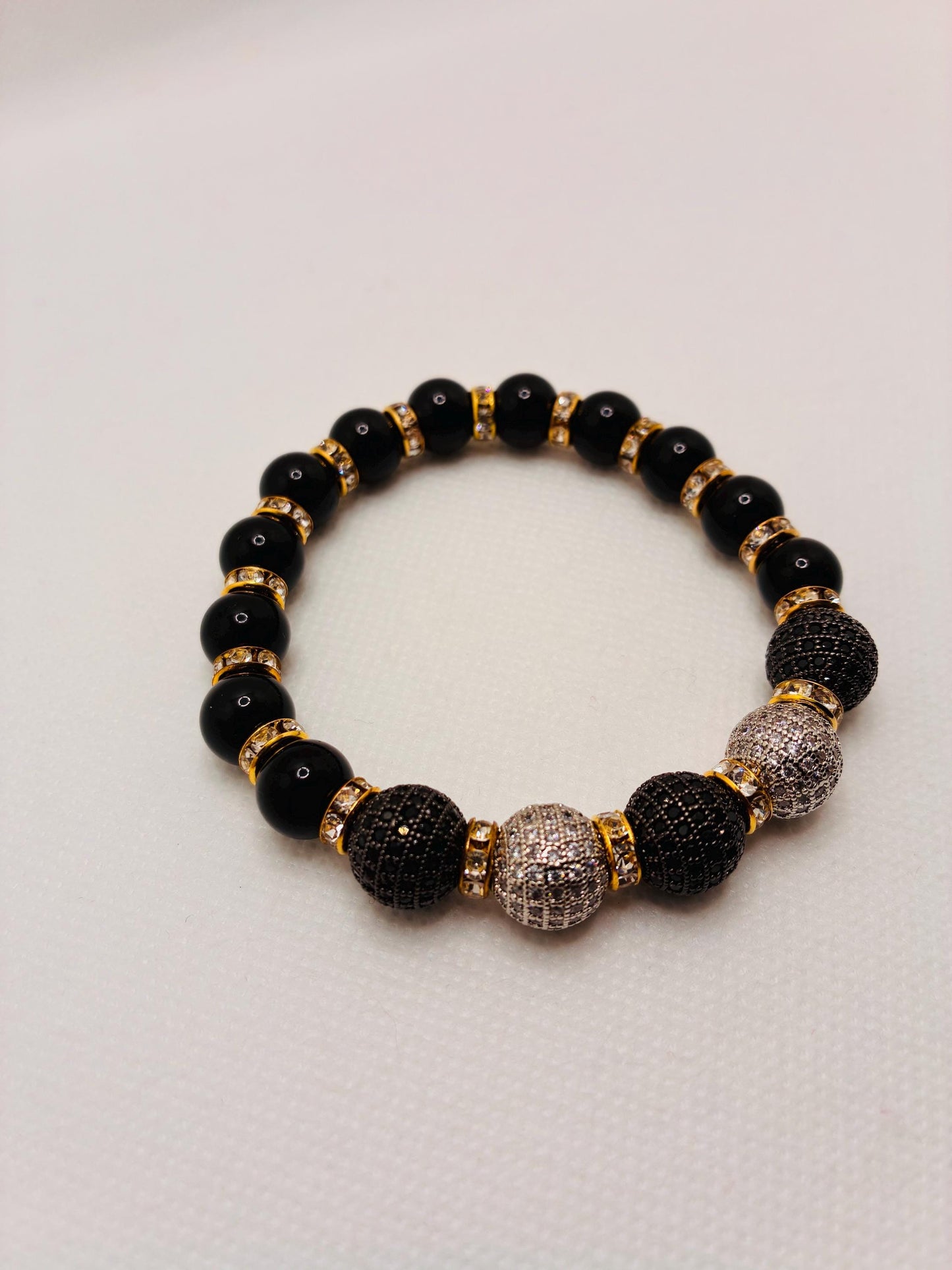 Black Onyx Bracelet with Brass Rhinestone & Zirconia Beads: Gold Plated Rondelles