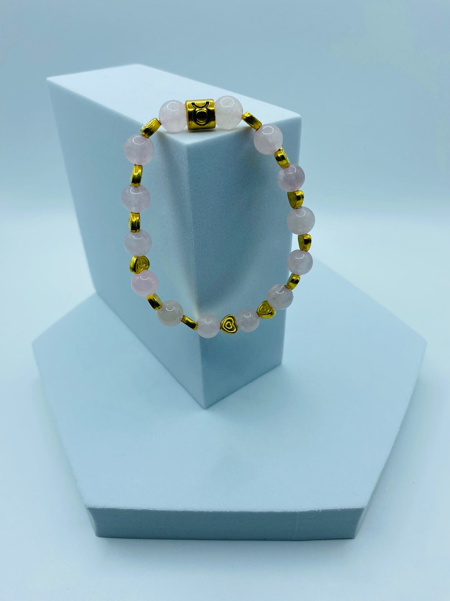 Rose Quartz Bracelet: 18K Gold Heart & Taurus Zodiac Charm