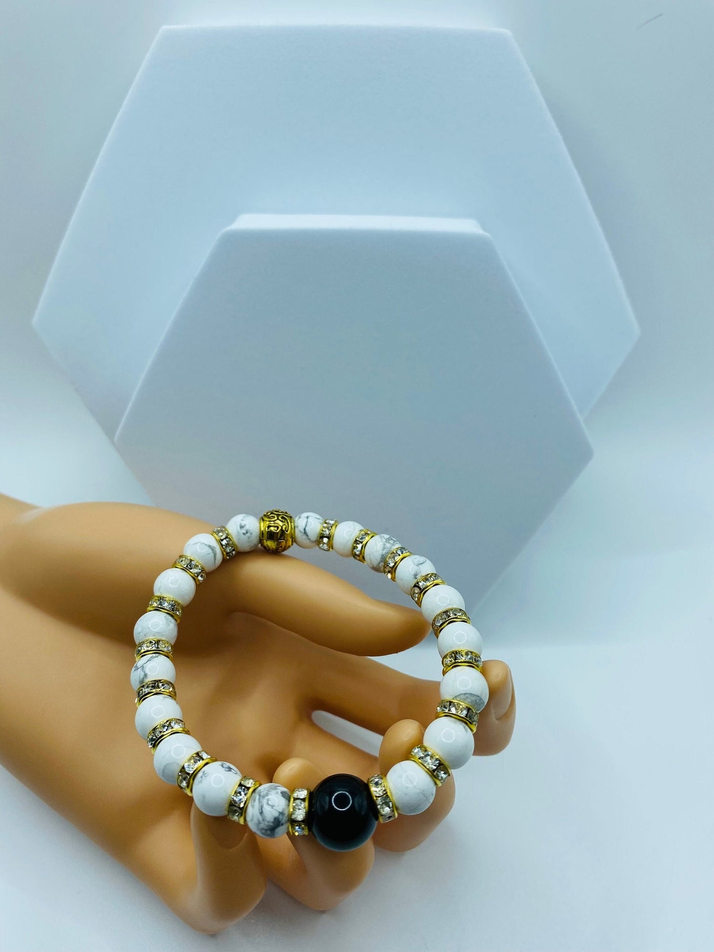 Mens Black Onyx & Howlite Gemstone Bracelet with Rhinestones