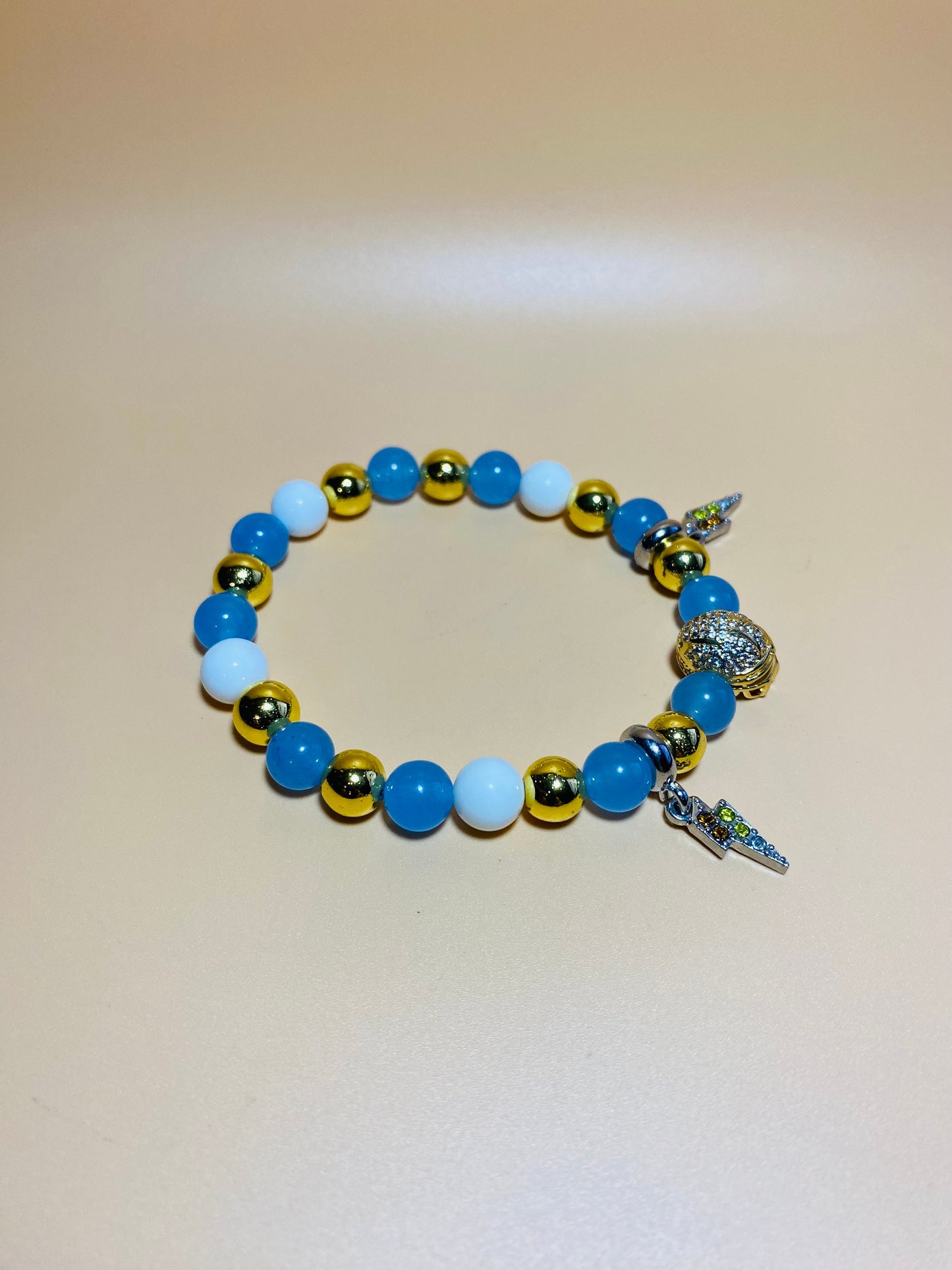 Los Angeles Chargers Mens Bracelet, Lightning Bolt Charms & Golden Football Helmet - Natural Gemstone Beads