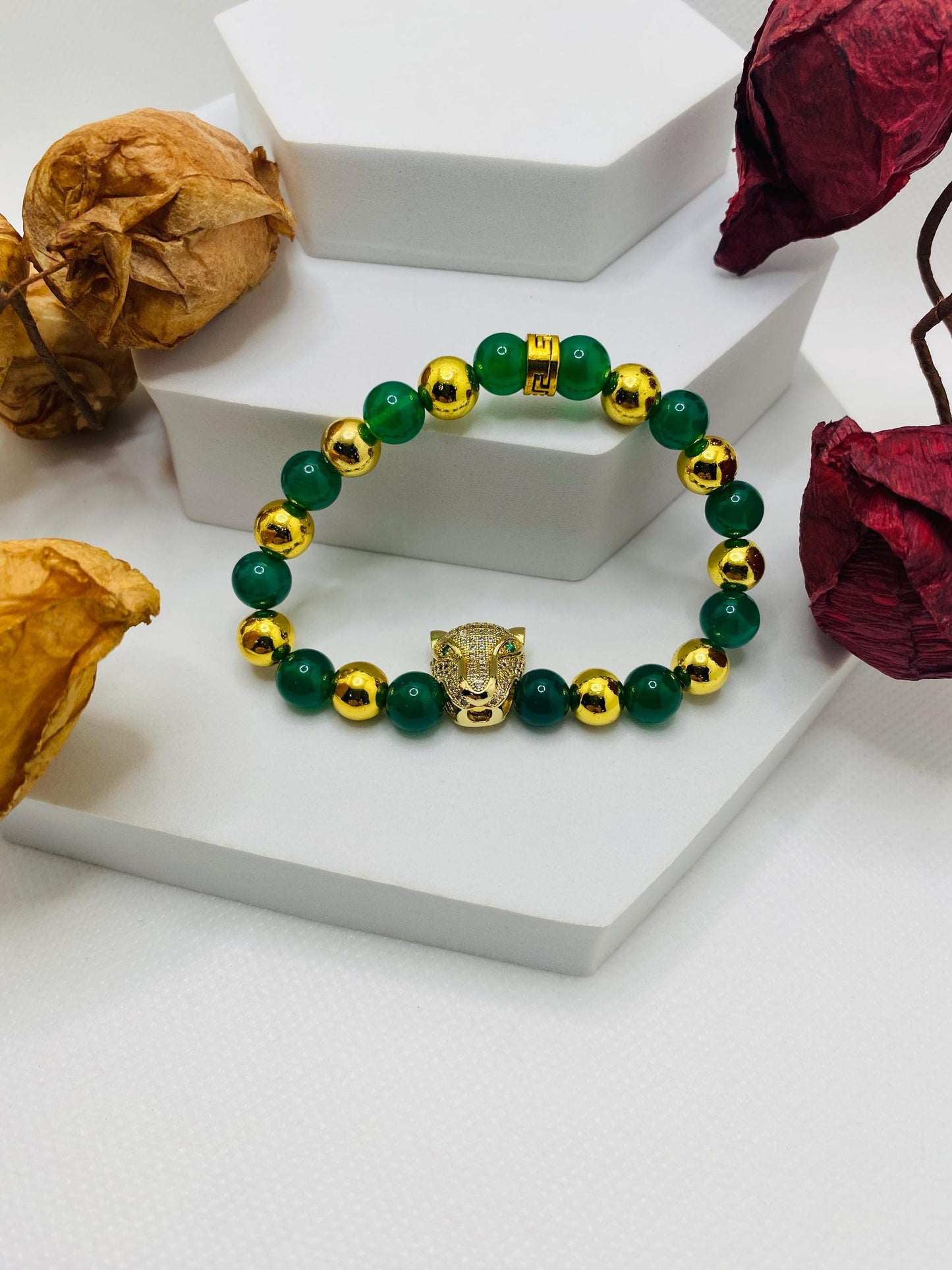 Jade & Hematite Bracelet: Gold CZ Panther Bead, Handmade