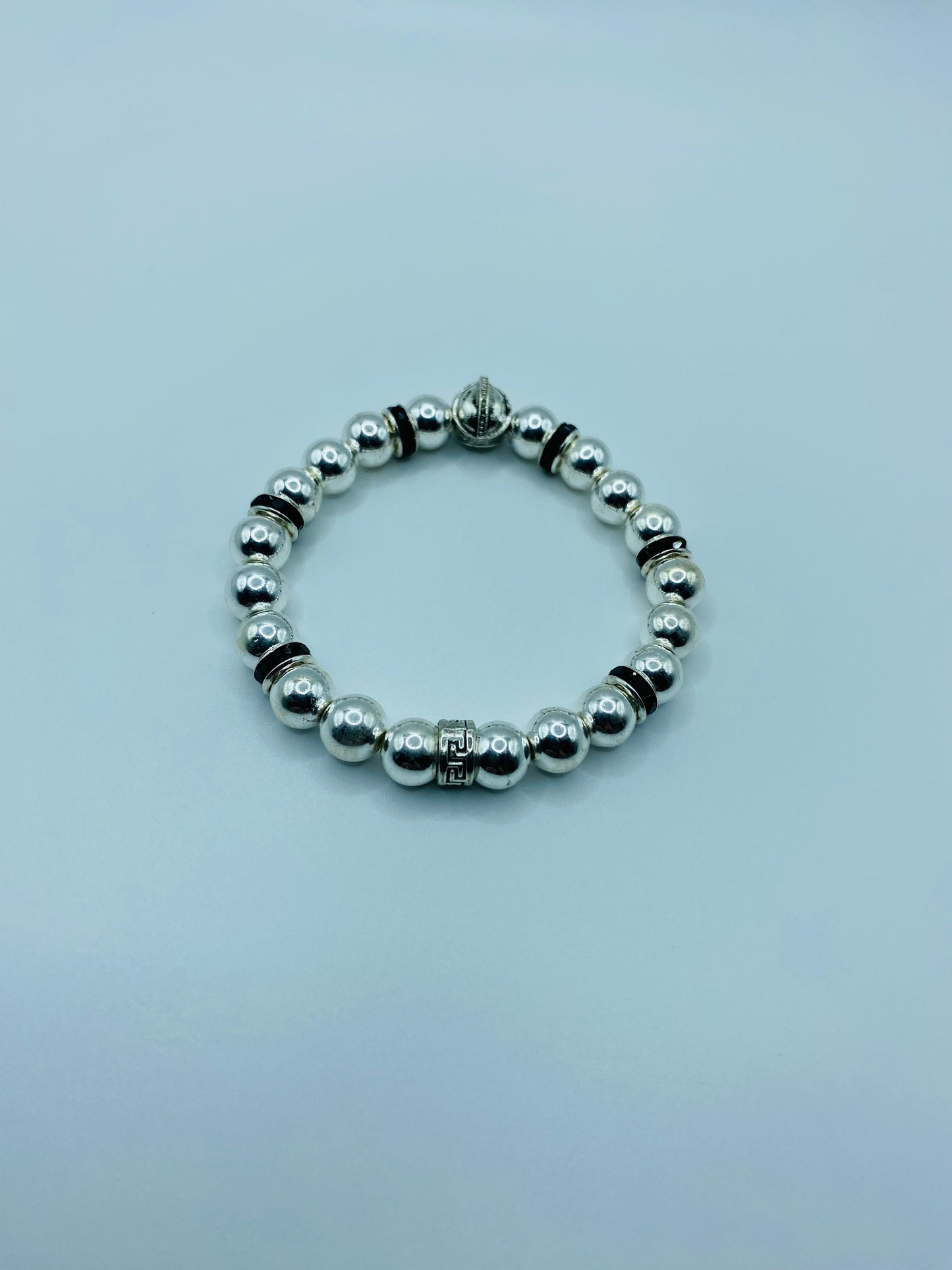 Mens Spartan Helmet Bracelet: Silver Hematite Gemstone Beads, Medieval Jewelry