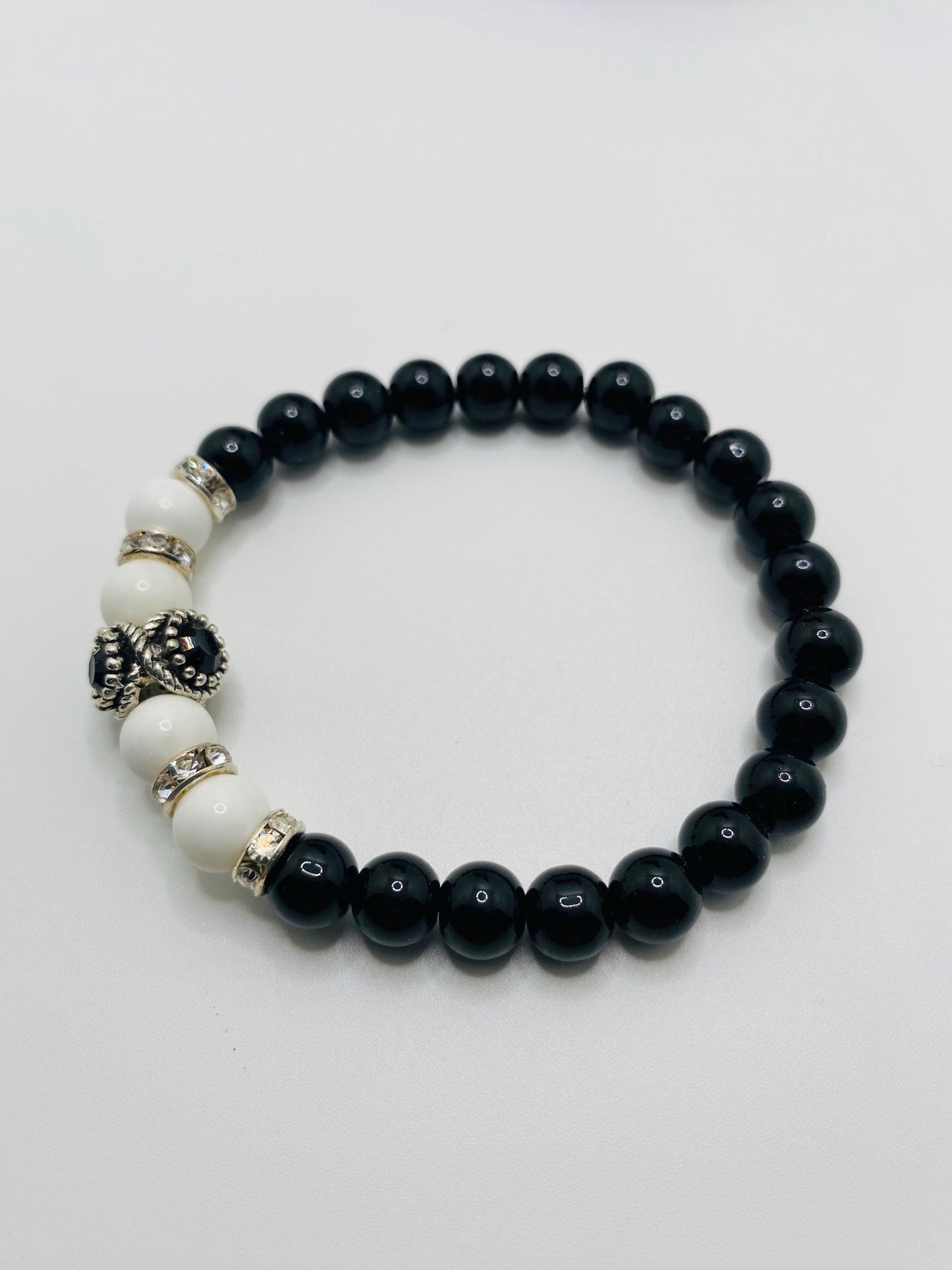 Black Onyx & White Agate Beaded Charm Bracelet - Rhinestone Accent