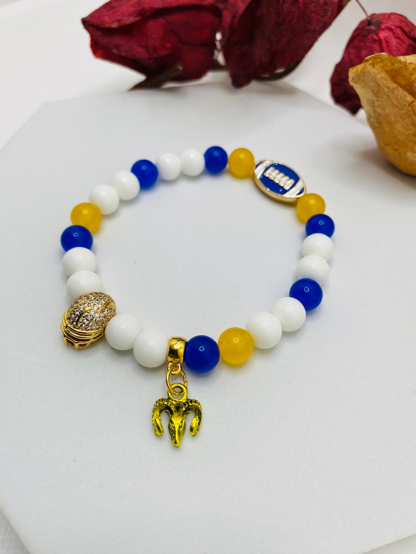 Los Angeles Rams Bracelet: Agate & Kyanite Gemstone Beads, Football Charm