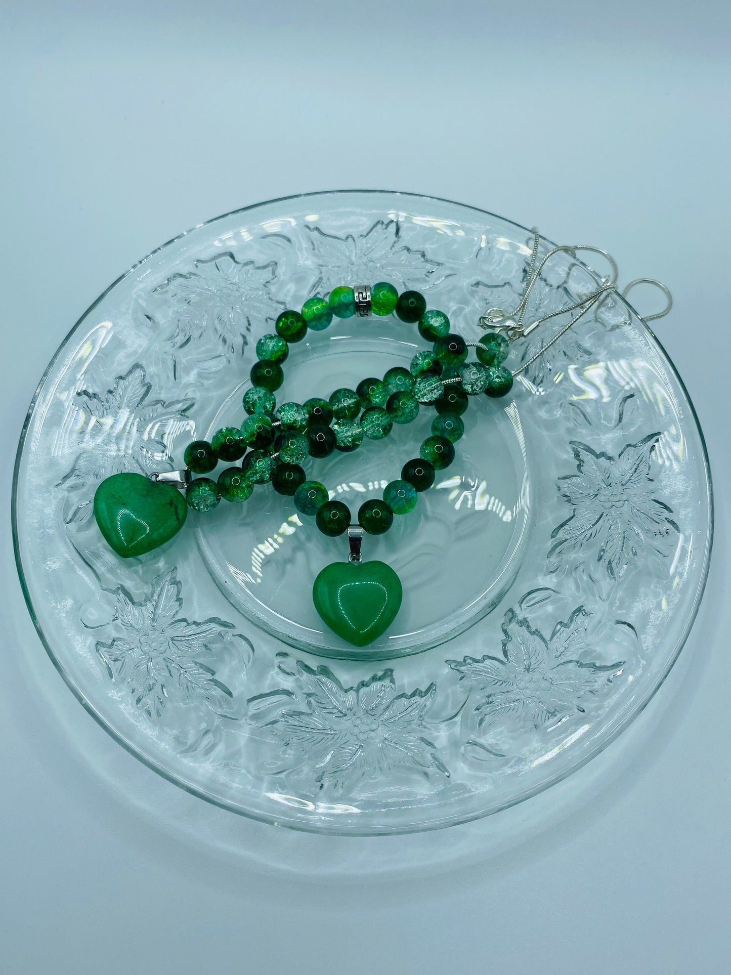 Handmade Jade Heart Necklace Bracelet Set: Green Glass Bead Jewelry
