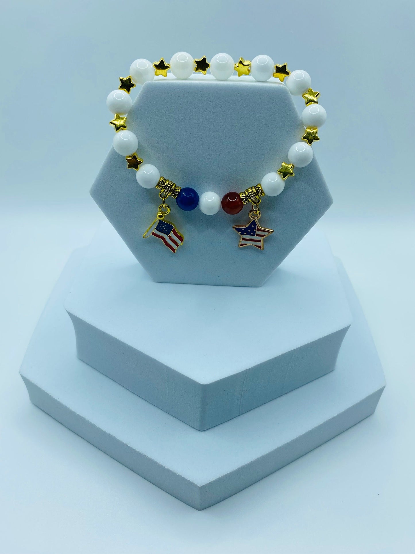 American Flag Charm Bracelet: Red Carnelian, Blue Agate, Mother of Pearl