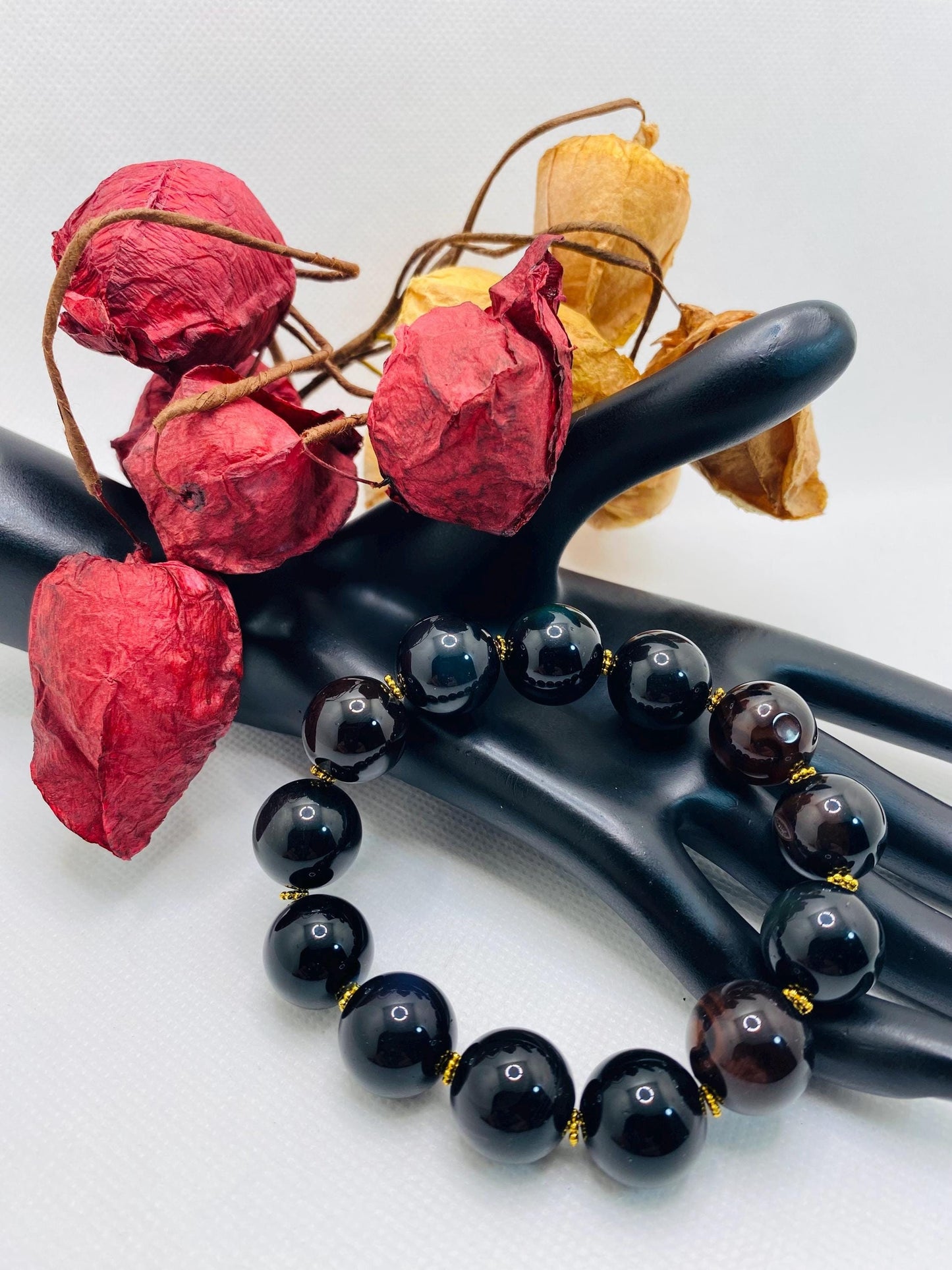 Handmade Obsidian & Agate Gemstone Bracelet with Golden Spacers