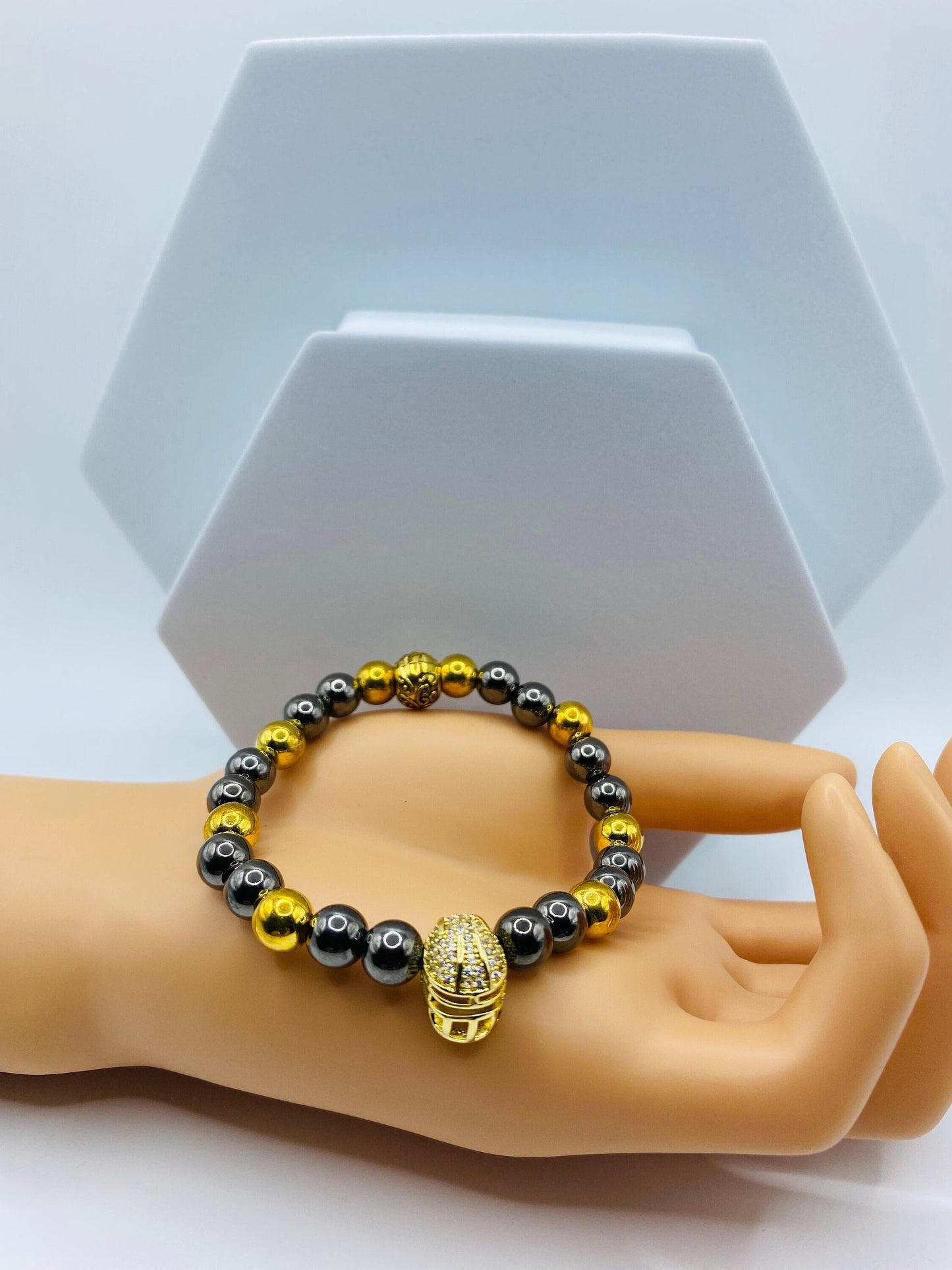 Pittsburgh Steelers Bracelet: 18k Gold Plated Hematite, CZ Football Helmet