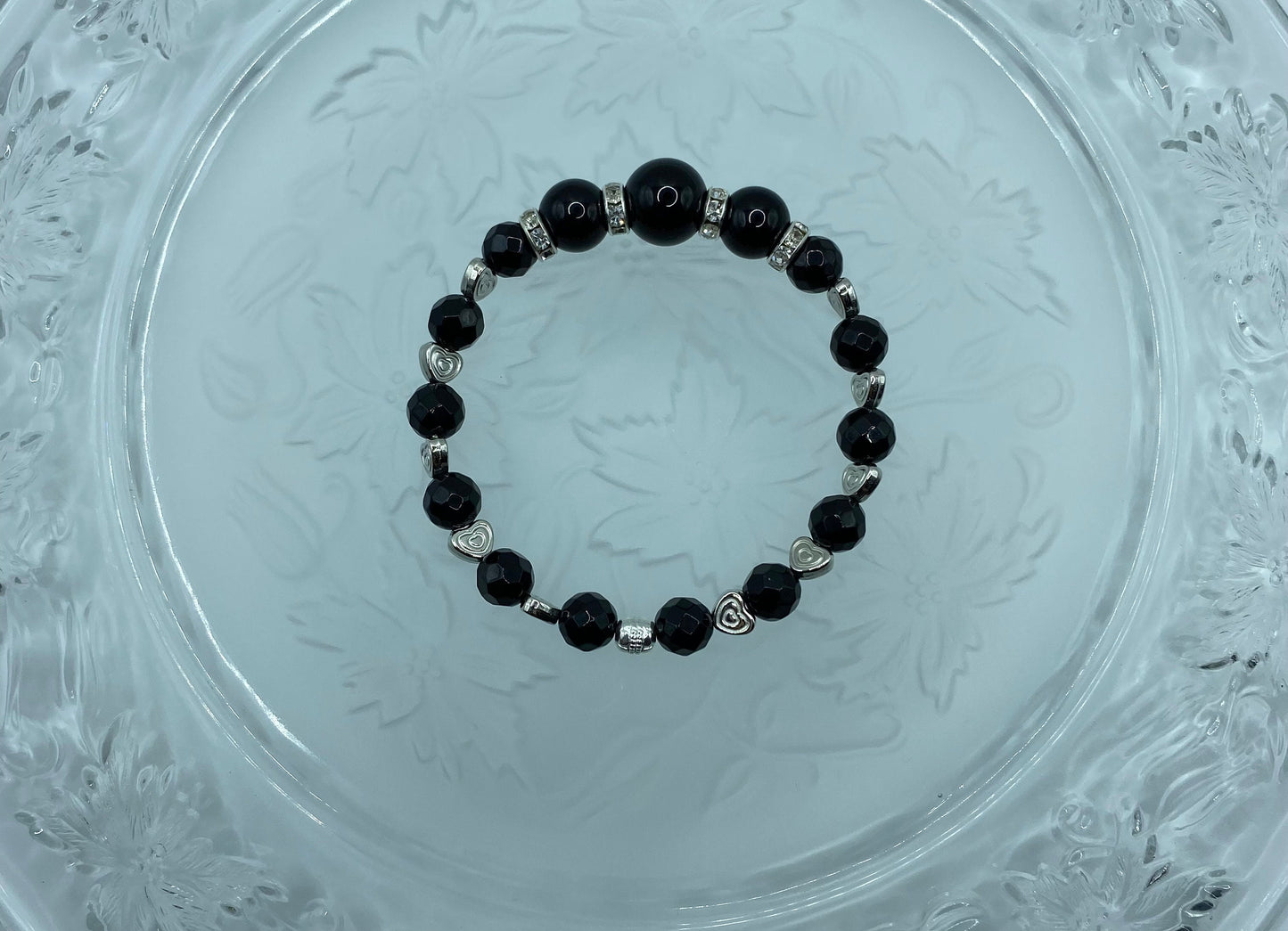 Black Onyx Bracelet: White Gold Heart Charm, Rhinestone Rondelles