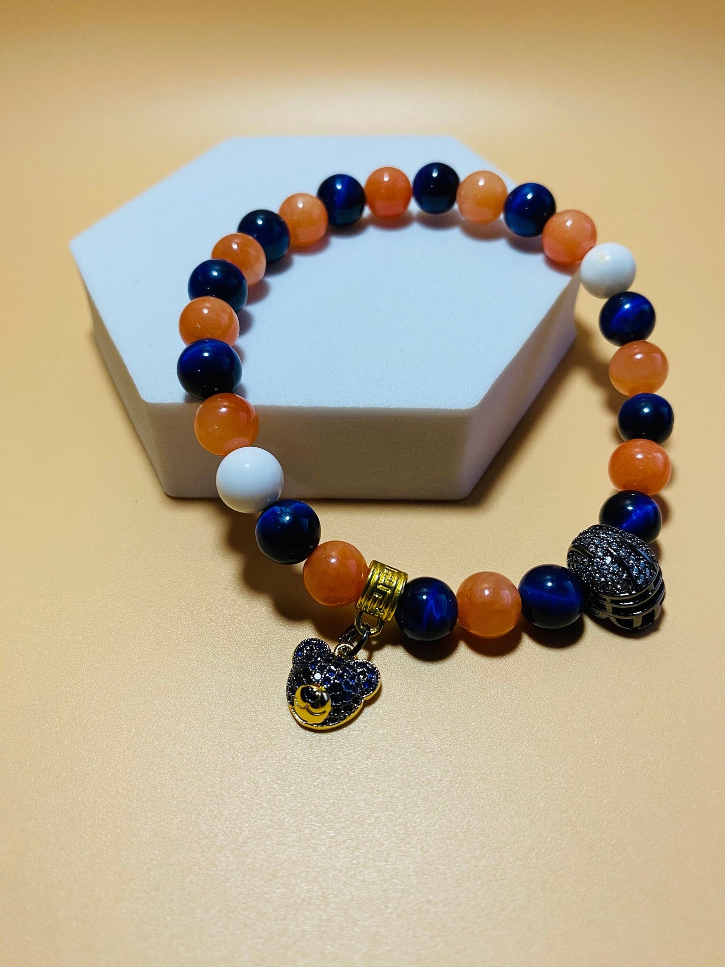 Chicago Bears Bracelet: Gemstone Beads, Bear & Football Helmet Charm