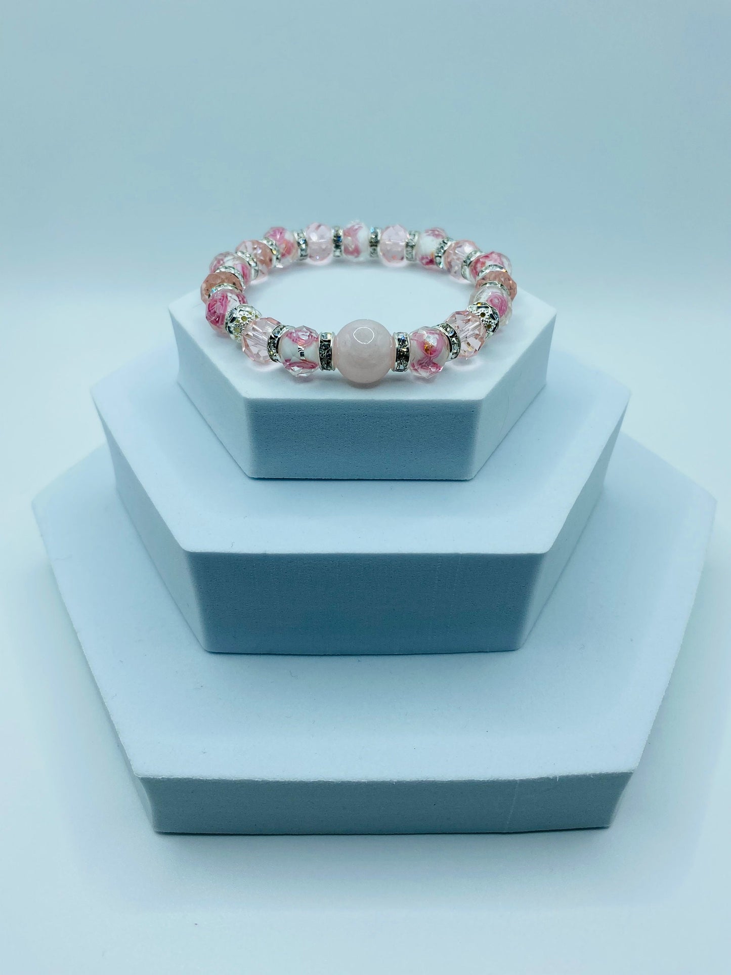 Lampwork Beads Flower Girl Bracelet - Rose Quartz Crystal Bracelets for Women - Pink Glass Beads