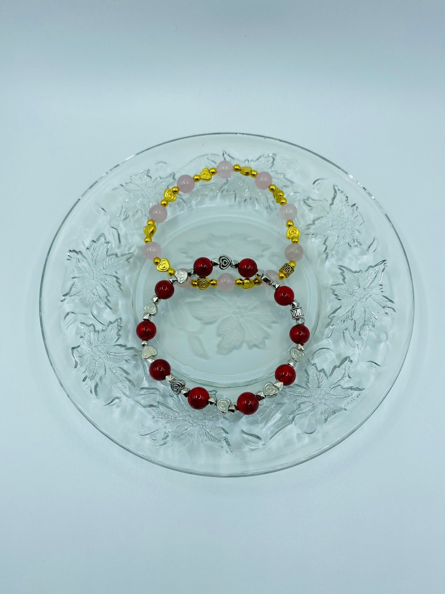 Red Turquoise Bracelet with White Gold Heart Charms