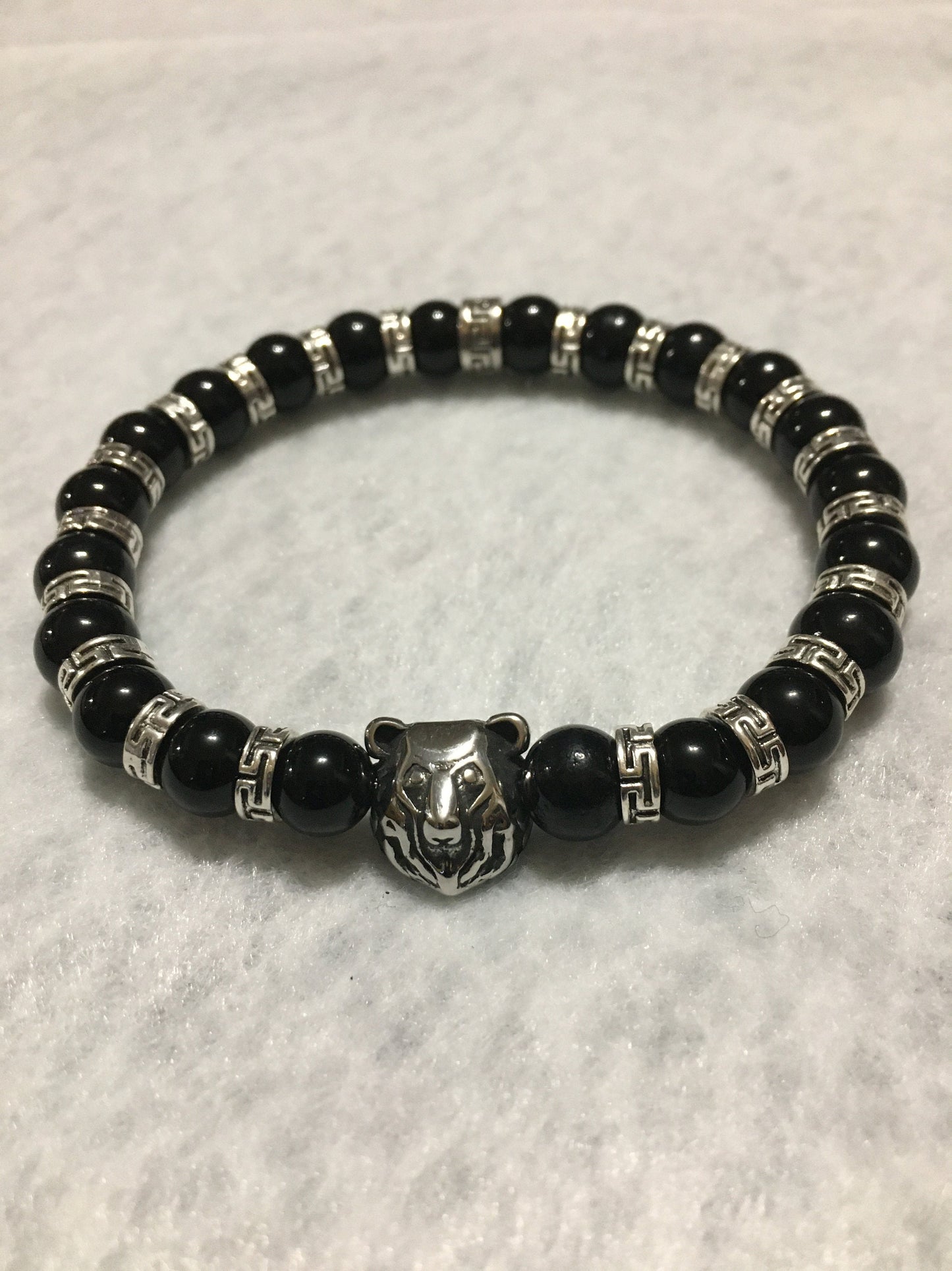 Chicago Bears Bracelet: Onyx Gemstone Beads, Stainless Steel Bear Charm