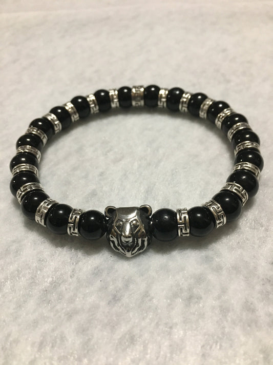 Chicago Bears Bracelet: Onyx Gemstone Beads, Stainless Steel Bear Charm