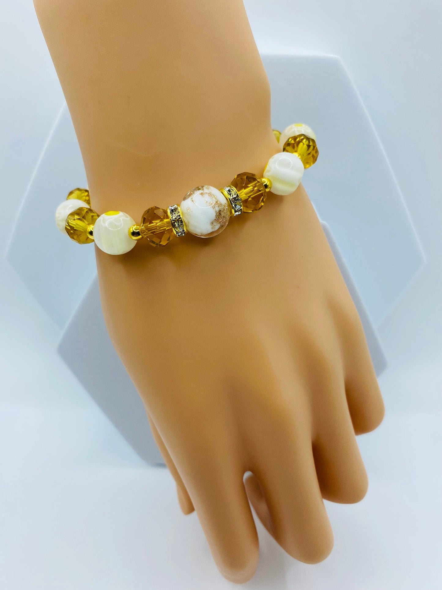 Lampwork Glass Bead Bracelet: Crystal & 18k Gold Hematite