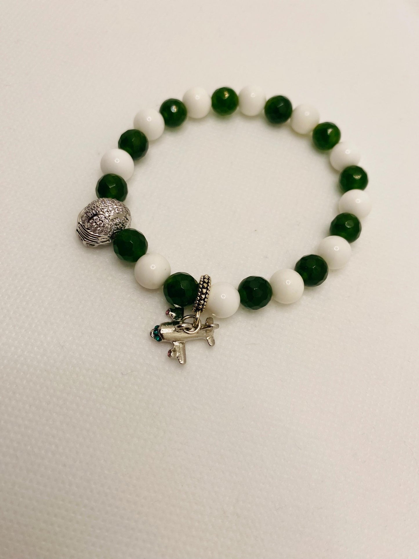 New York Jets Jade Beaded Bracelet: Football Helmet & Airplane Charm