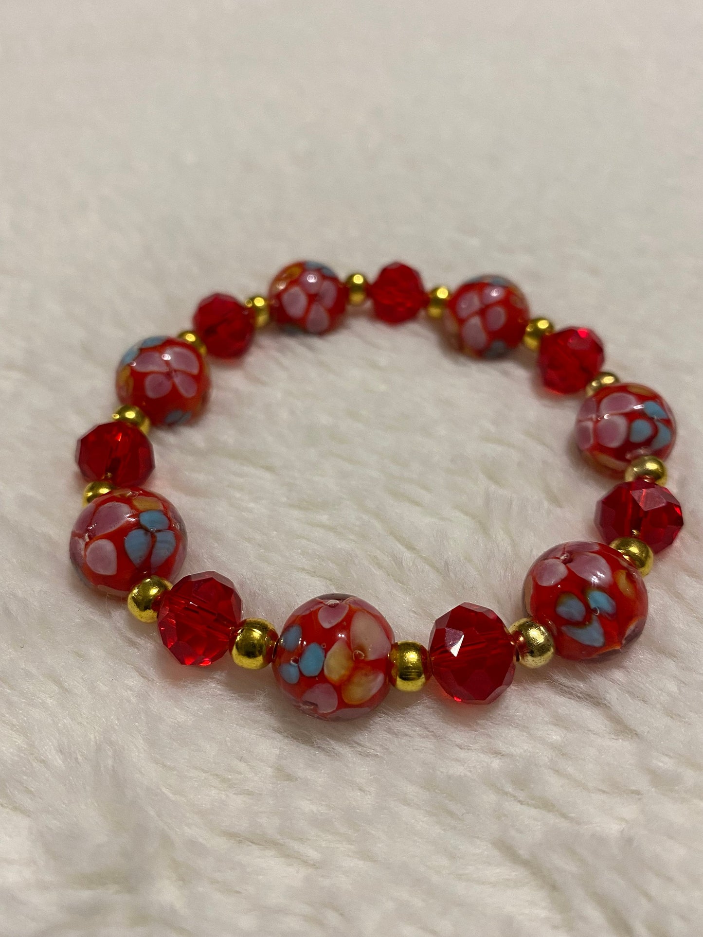 Red Floral Lampwork Glass Bead Bracelet: 18k Gold Hematite Accents
