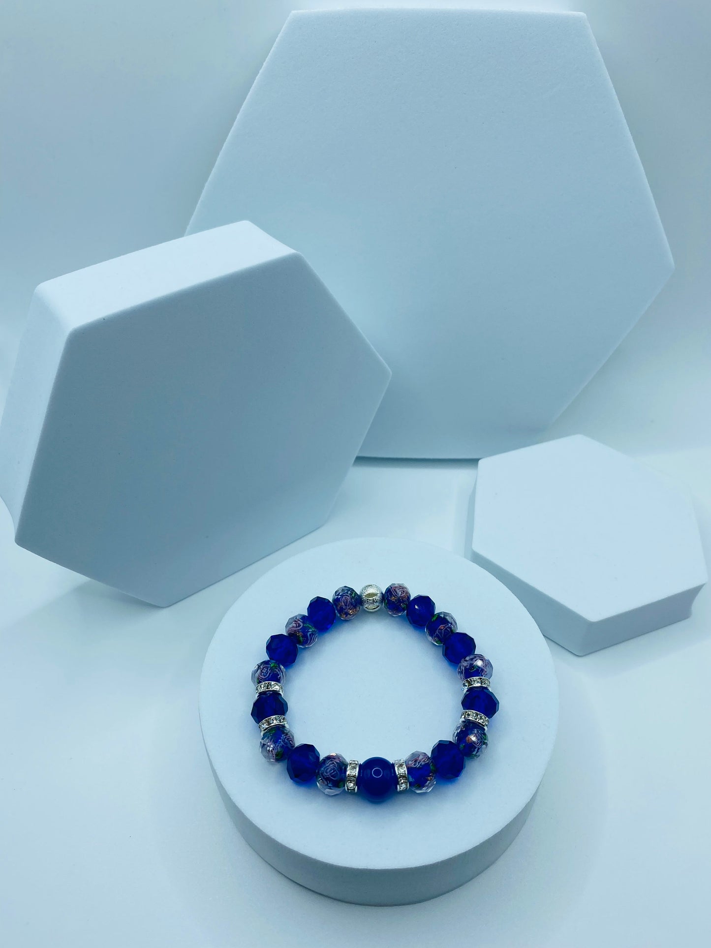 Blue Chalcedony Bracelet: Lampwork Floral Glass Beads, Rhinestone Accents