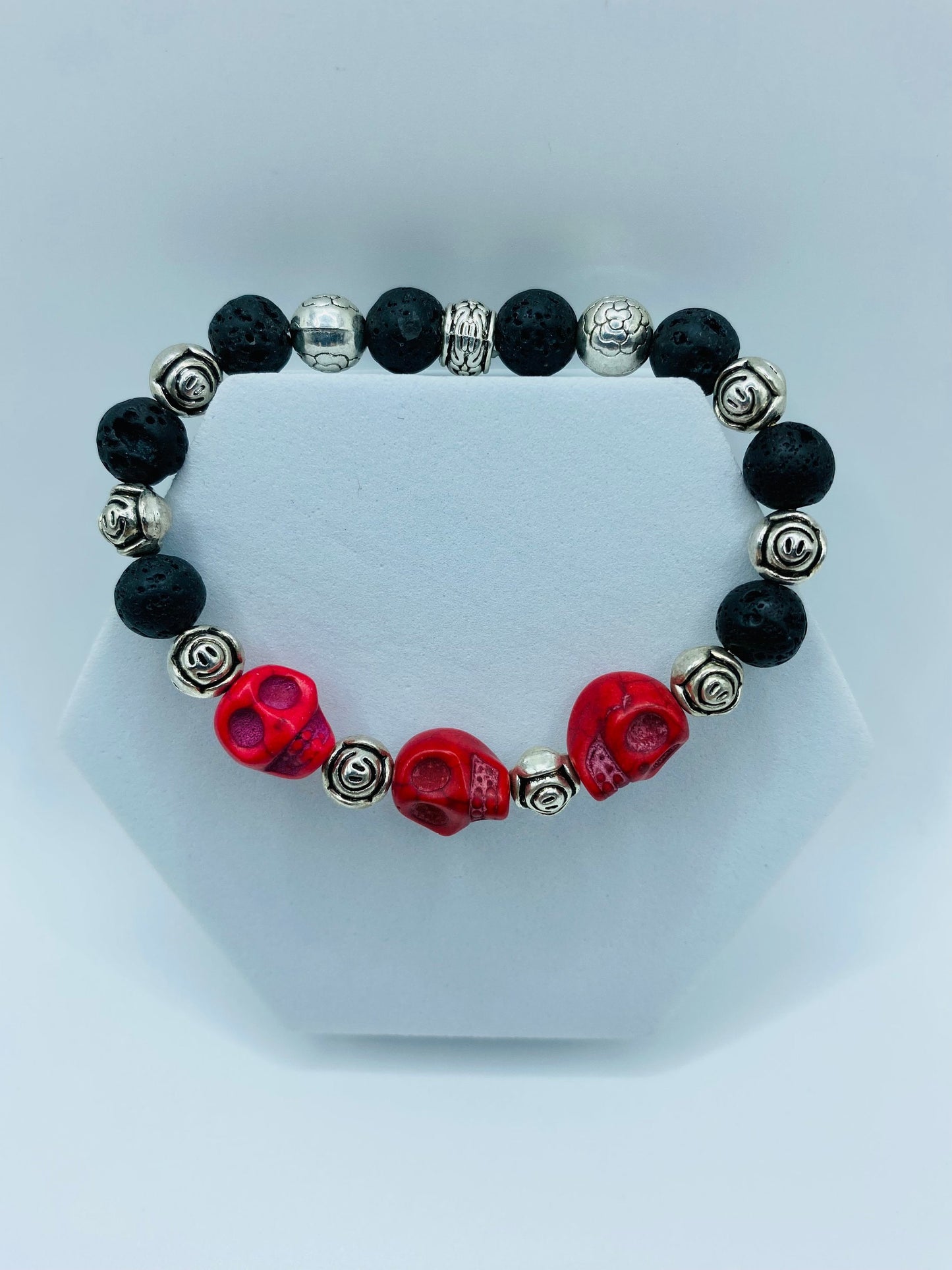 Day of the Dead Lava Rock Bracelet, Red Skull Beads & Metal flowers - Dia de Los Muertos - Gifts for Her