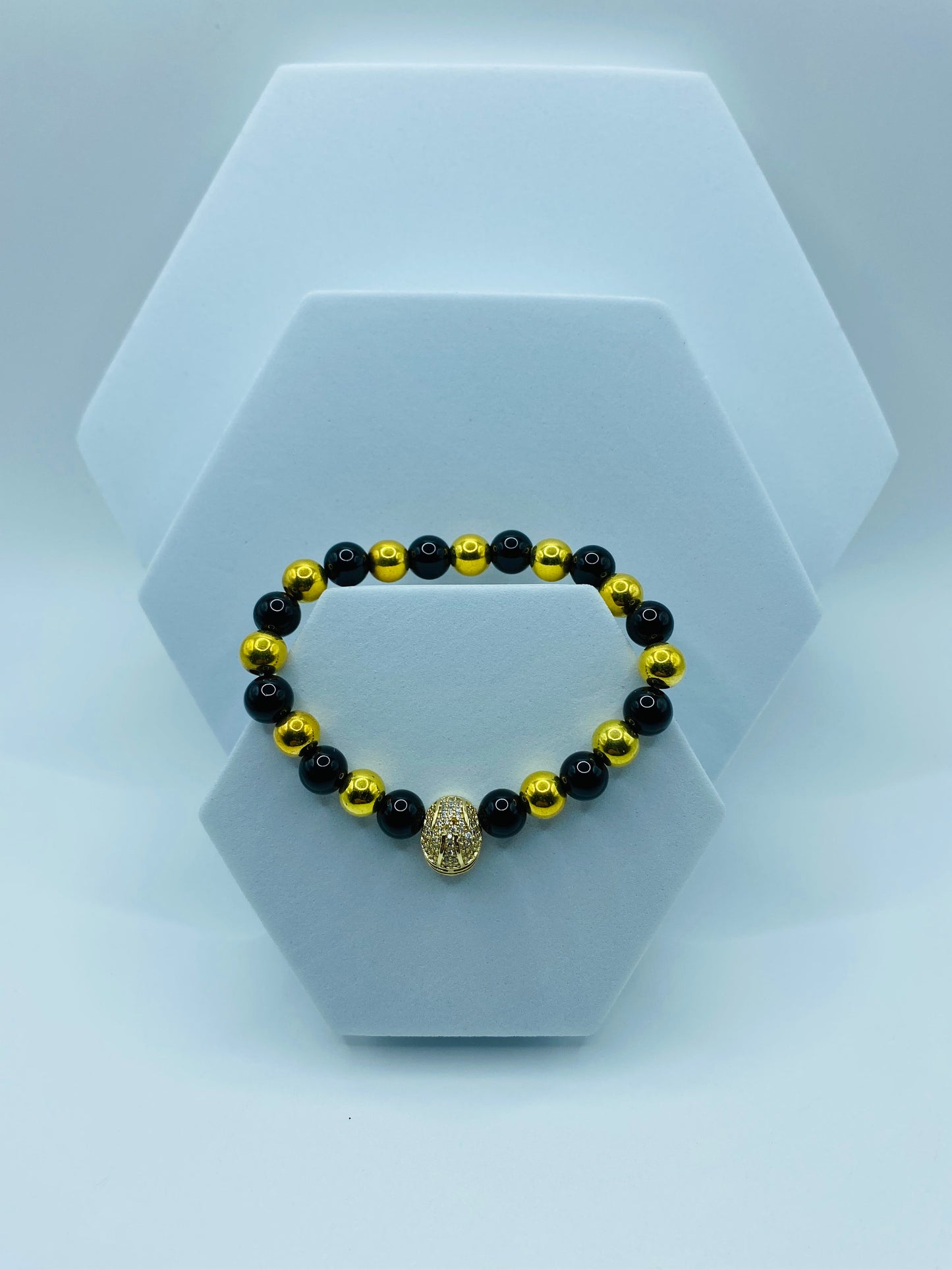 New Orleans Saints Bracelet: Onyx & Gold Hematite Football Helmet