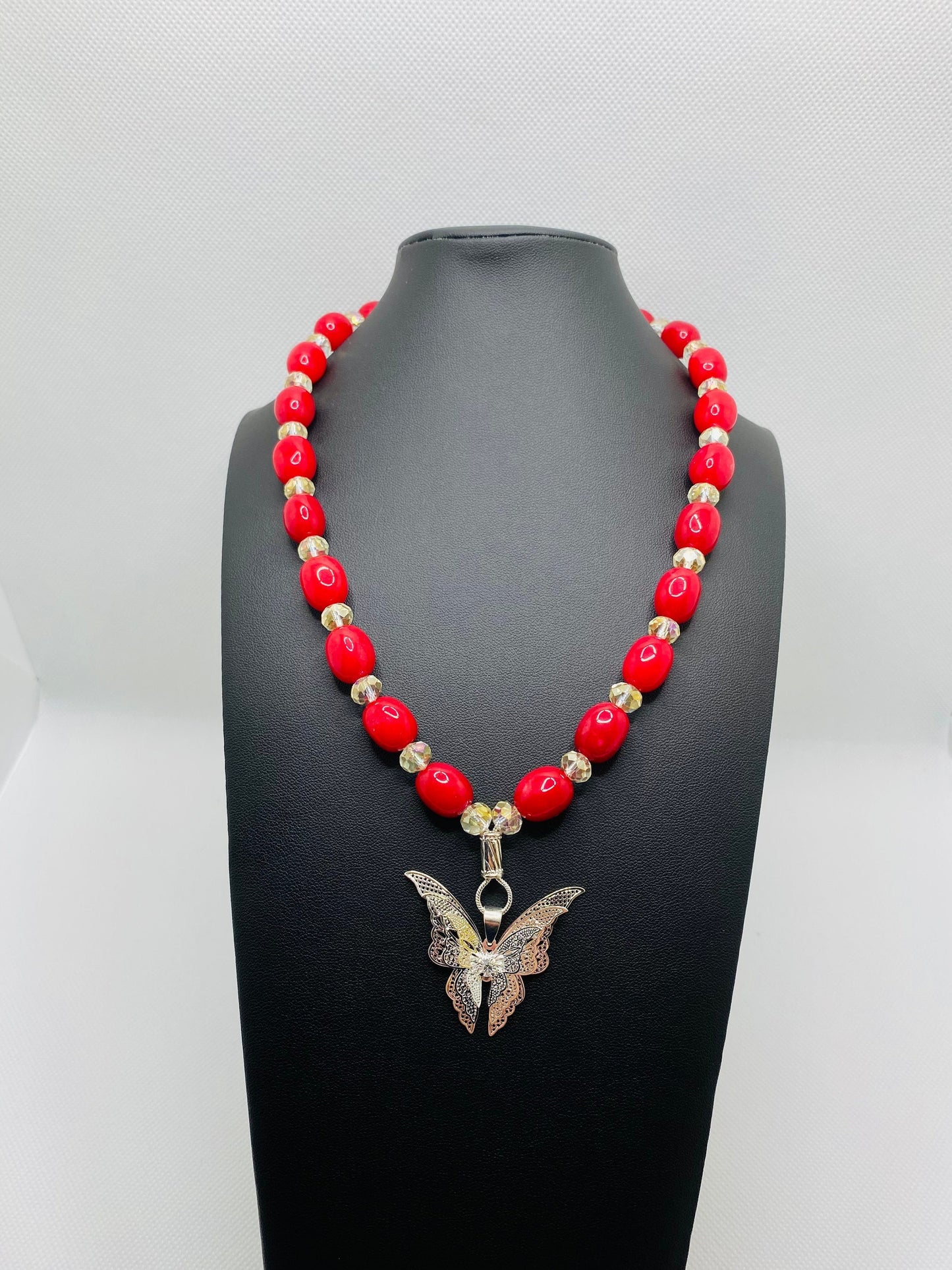 Red Jade Necklace: Silver Butterfly Pendant & Crystal Beads