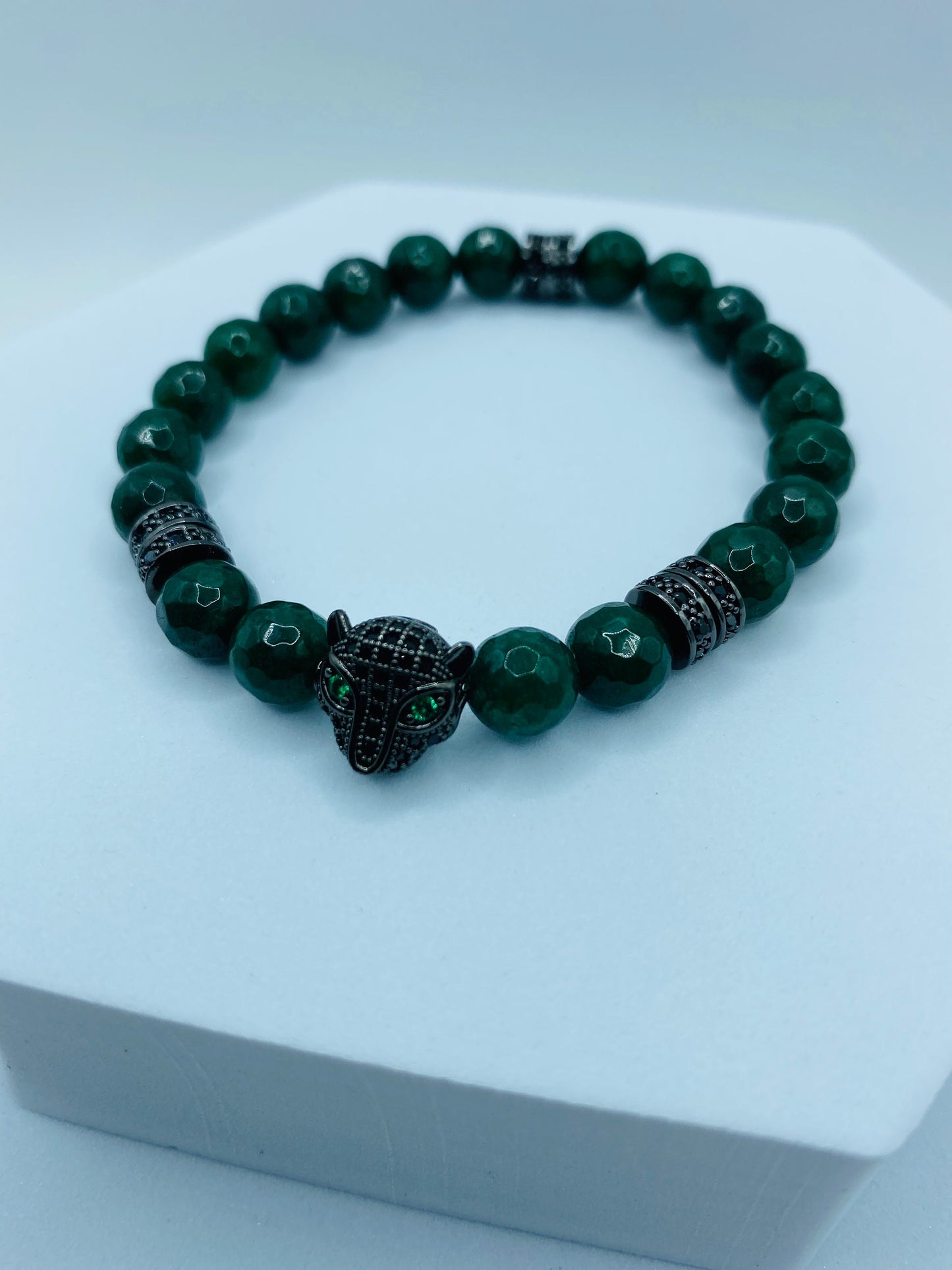 Emerald Green Jade Bracelet: Black Panther Charm, Rhinestone Spacers