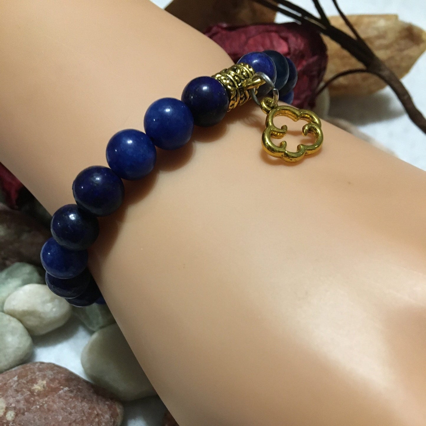 Lapis Lazuli Gemstone Bracelet with Gold Cloud Charm - Handmade