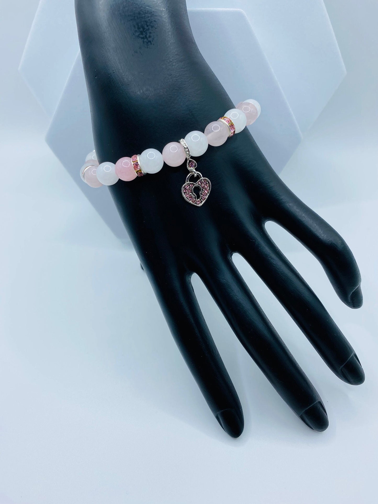 Heart Locket Charm Bracelet: Rose Quartz & White Jade Gemstone Beads