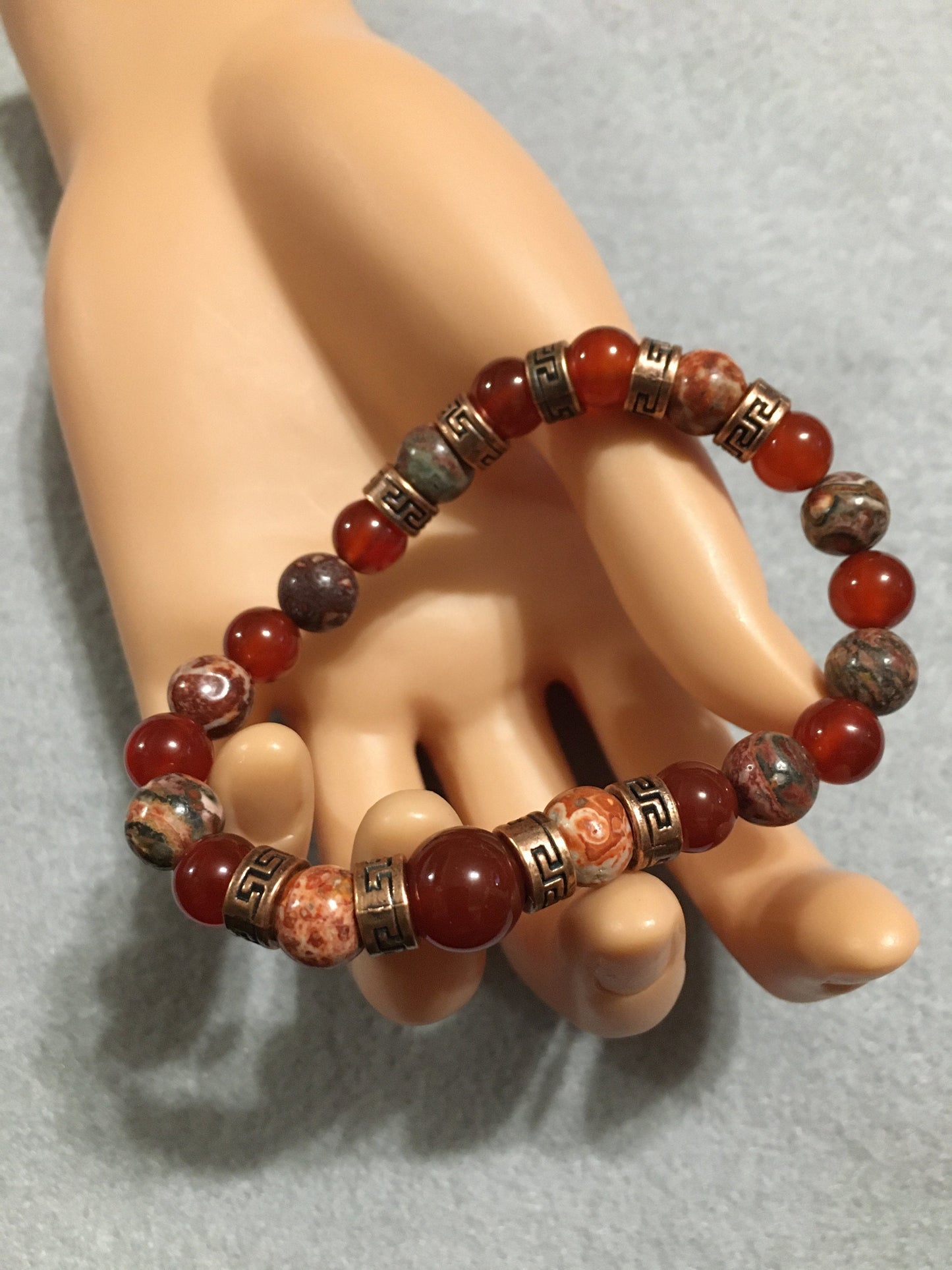 Carnelian & Red Jasper Bracelet: Tibetan Tube Spacers, Gemstone Beads