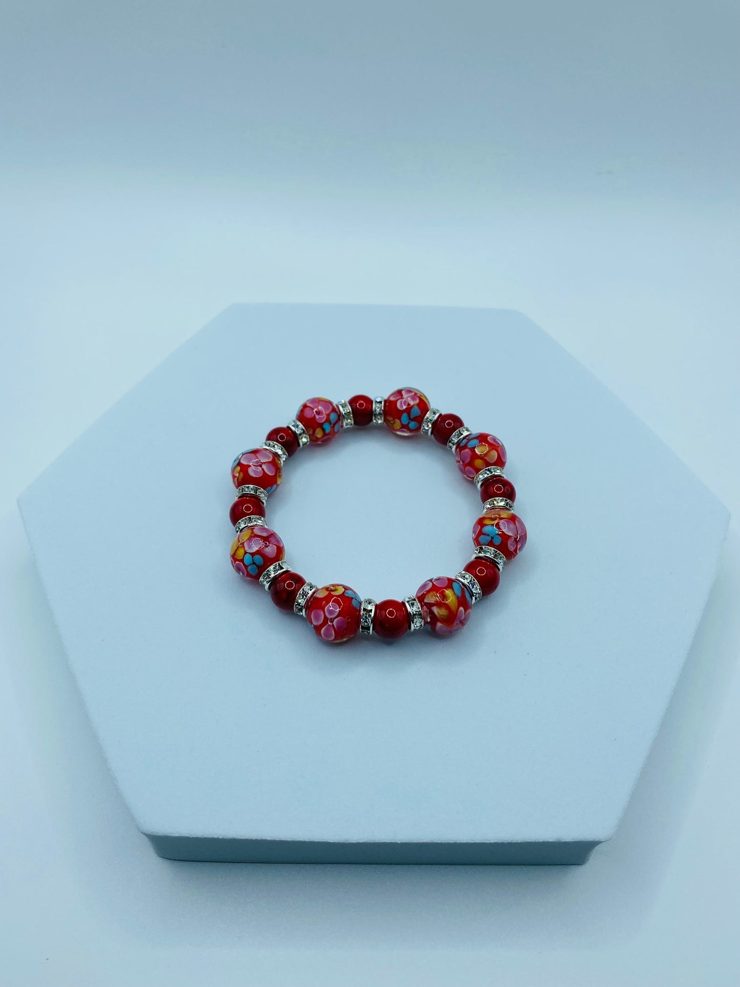 Red Lampwork Flower Bracelet: Turquoise & Rhinestone Beaded Jewelry