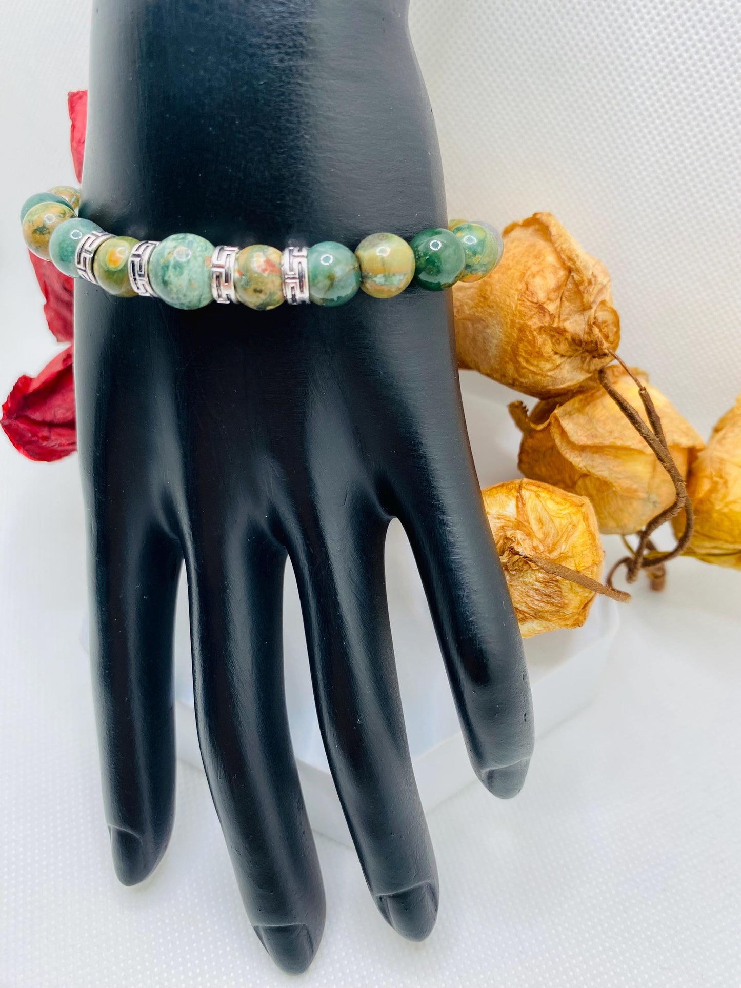 Handmade Indian Moss Agate Bracelet: Tibetan Silver Spacers