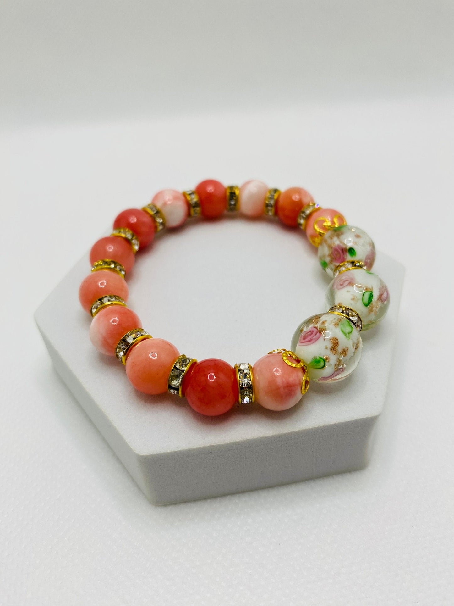 Jade Bracelet: Pink Lampwork Glass Beads, 18k Gold Rondelles