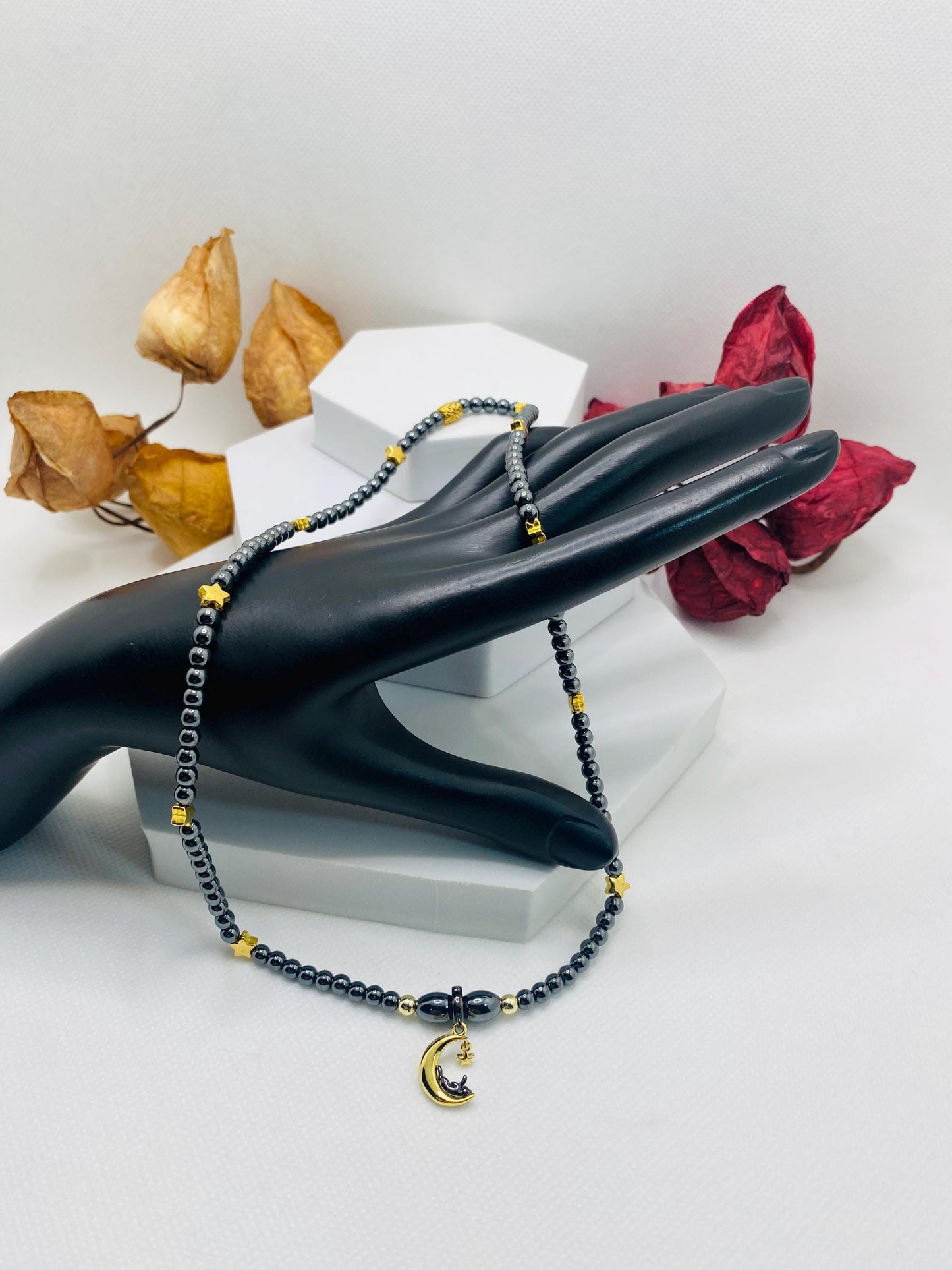 Celestial Hematite Necklace: Gold Star, Moon & Cat Charm