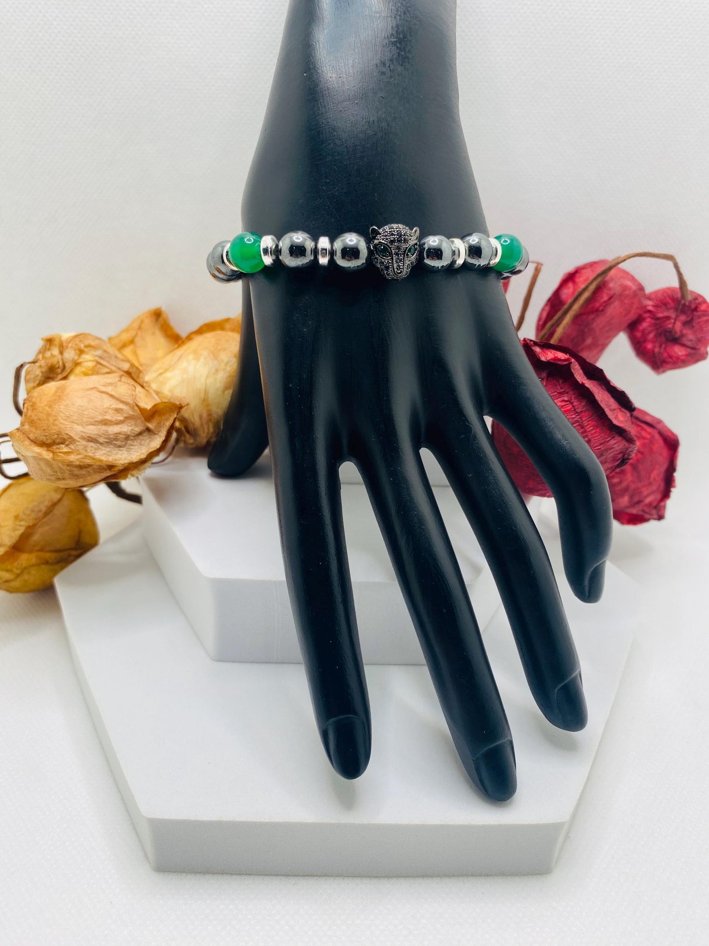 Black Panther Hematite Bracelet: Green Jade Gemstone Beads, Handmade