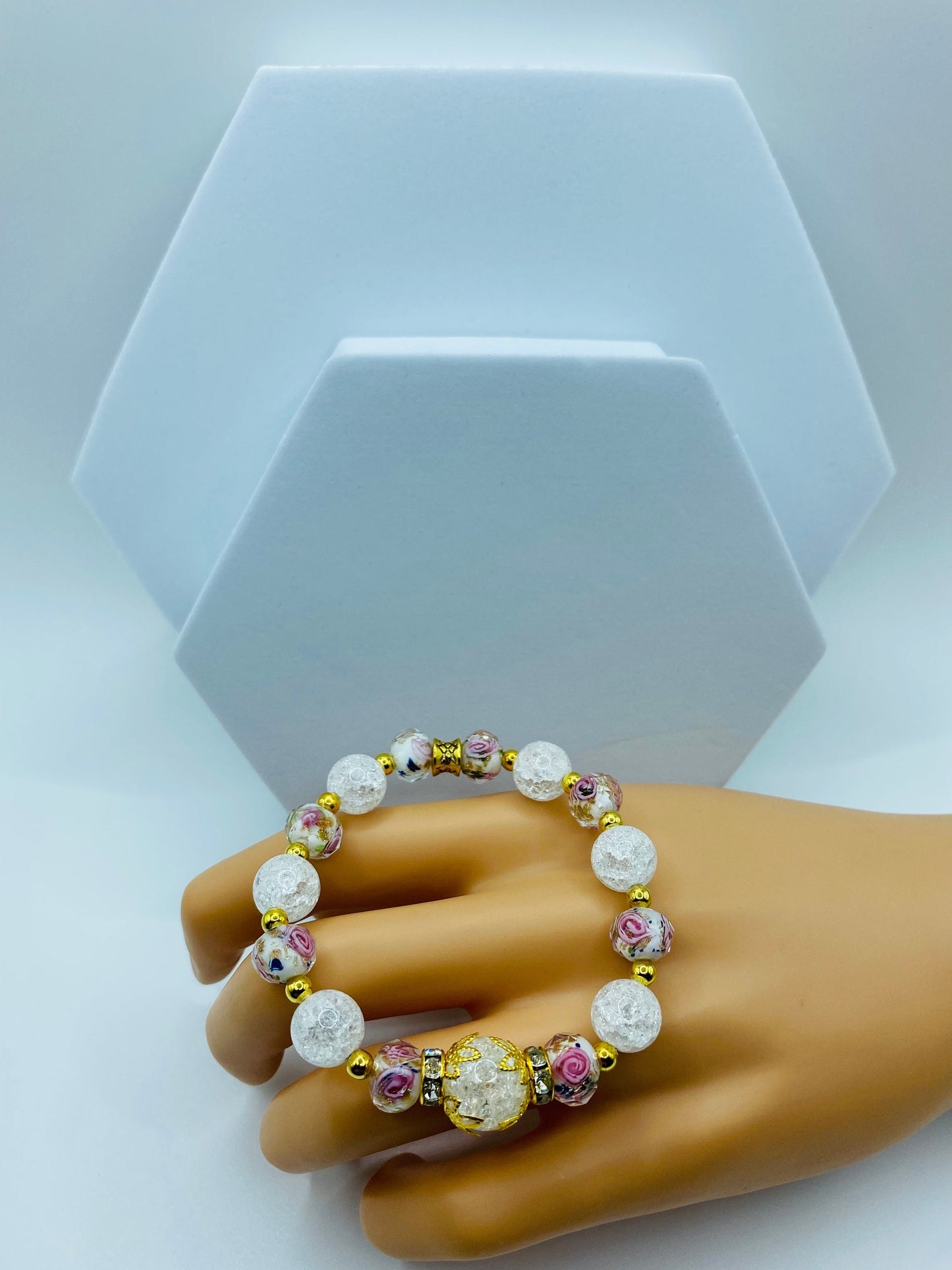 Quartz Crystal Bracelet: Lampwork Floral Glass & 18k Gold Hematite Beads