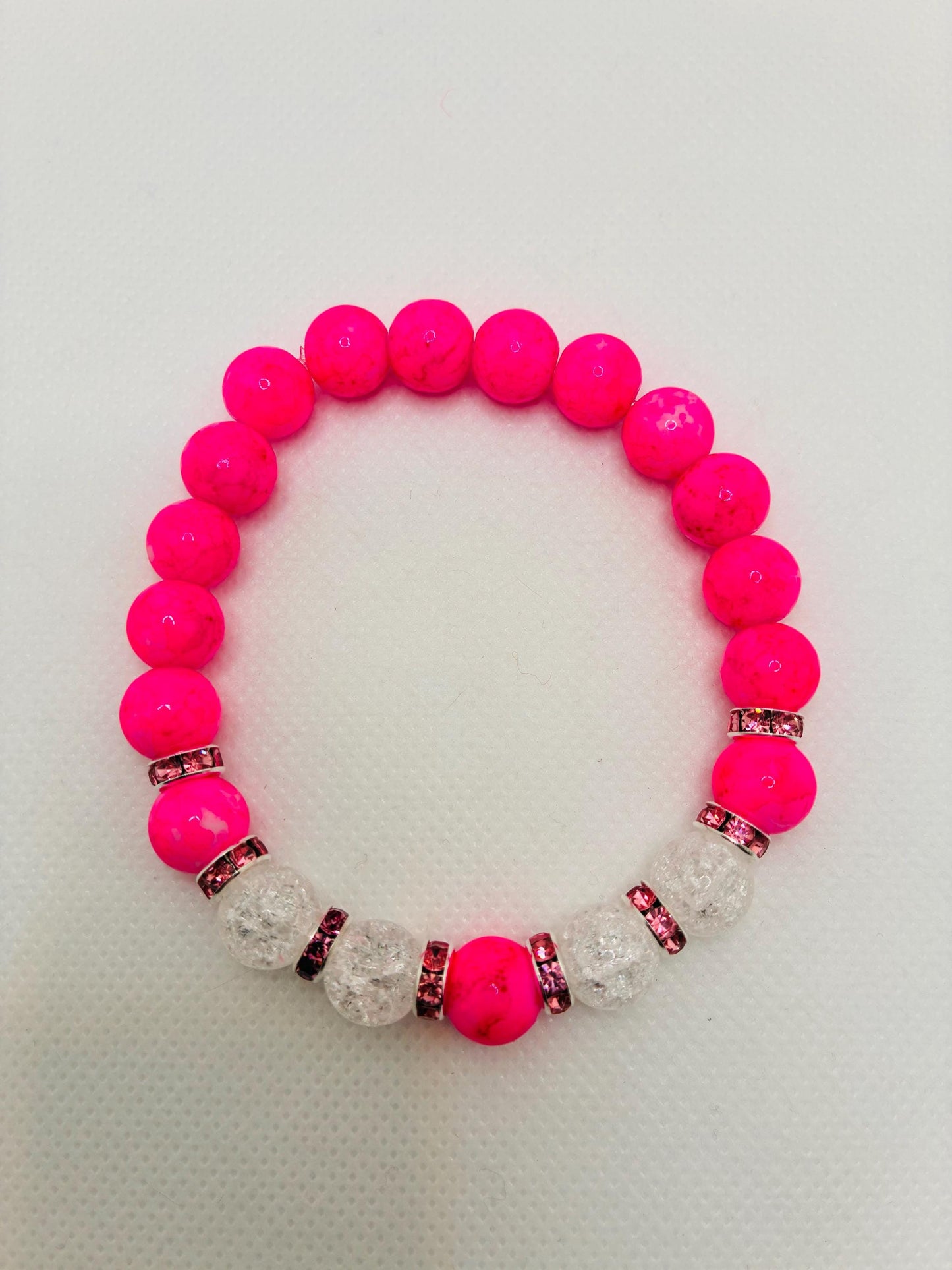 Hot Pink Crystal Glass Bead & Crackle Quartz Bracelet with Silverplated Pink Rhinestone Rondelles