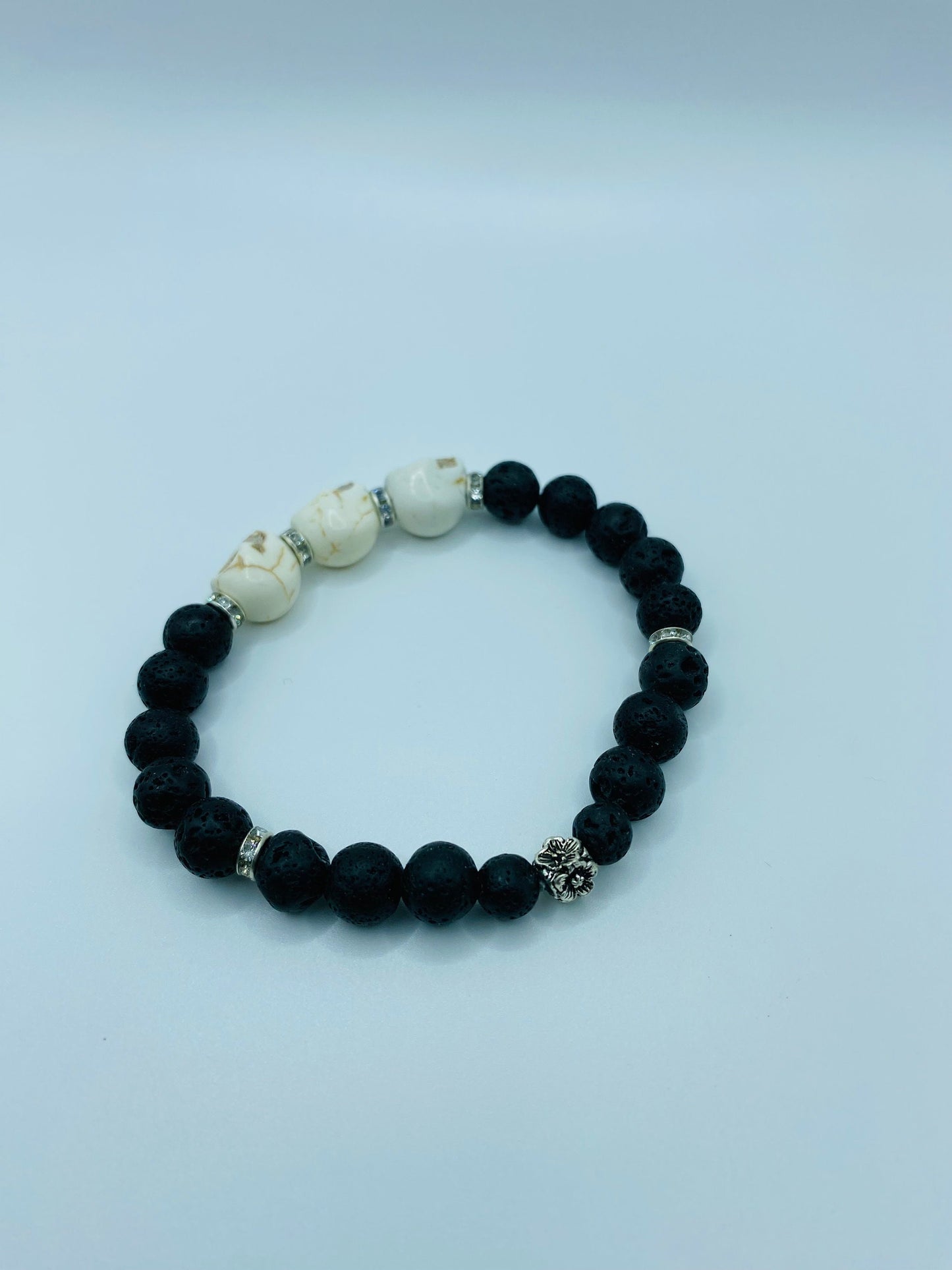 Day of the Dead Lava Rock Bracelet, White Skull Beads & Metal flowers - Dia de Los Muertos - Gift for Him