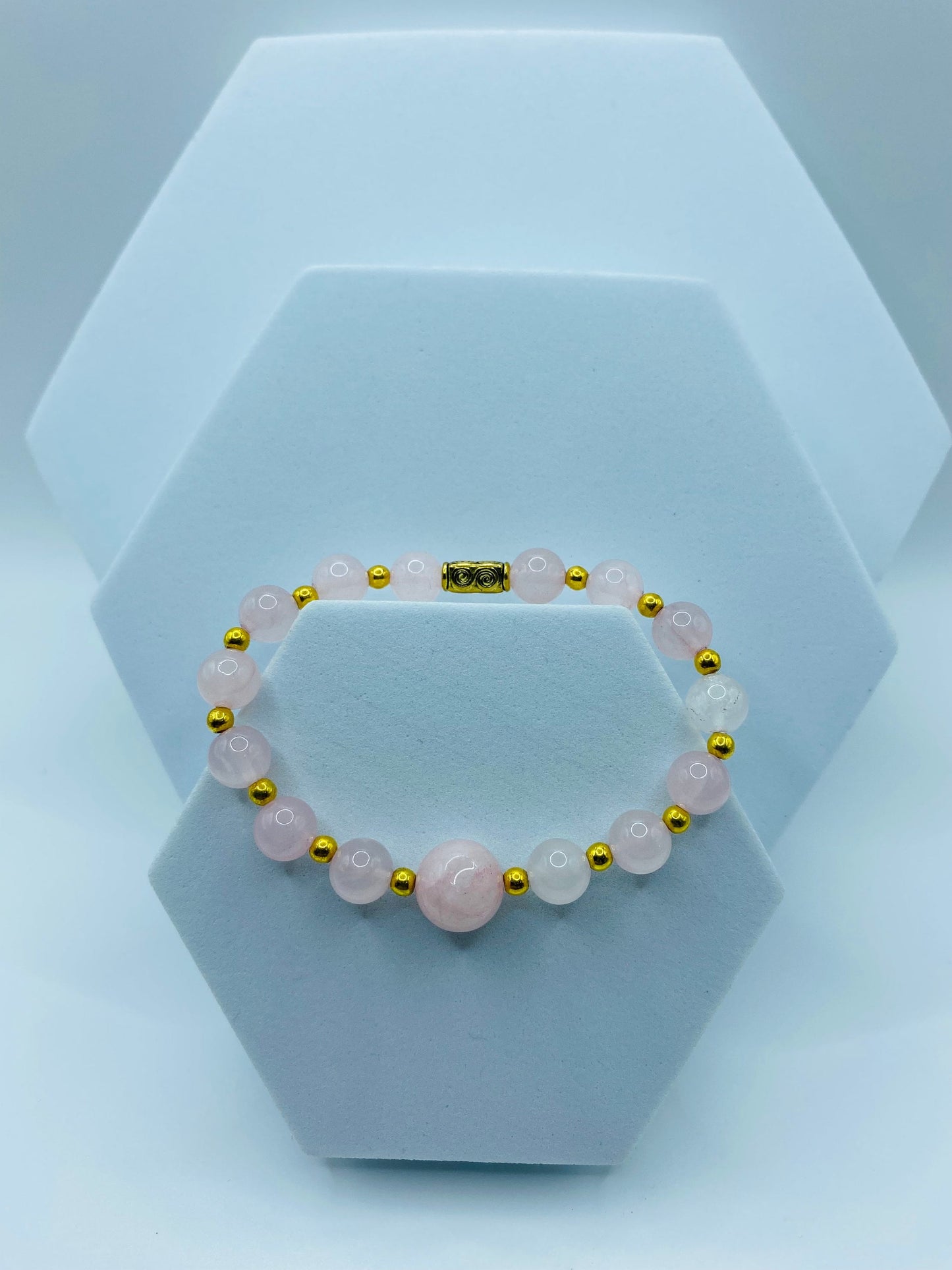 Handmade Rose Quartz Bracelet: 18k Gold Plated Hematite Beads