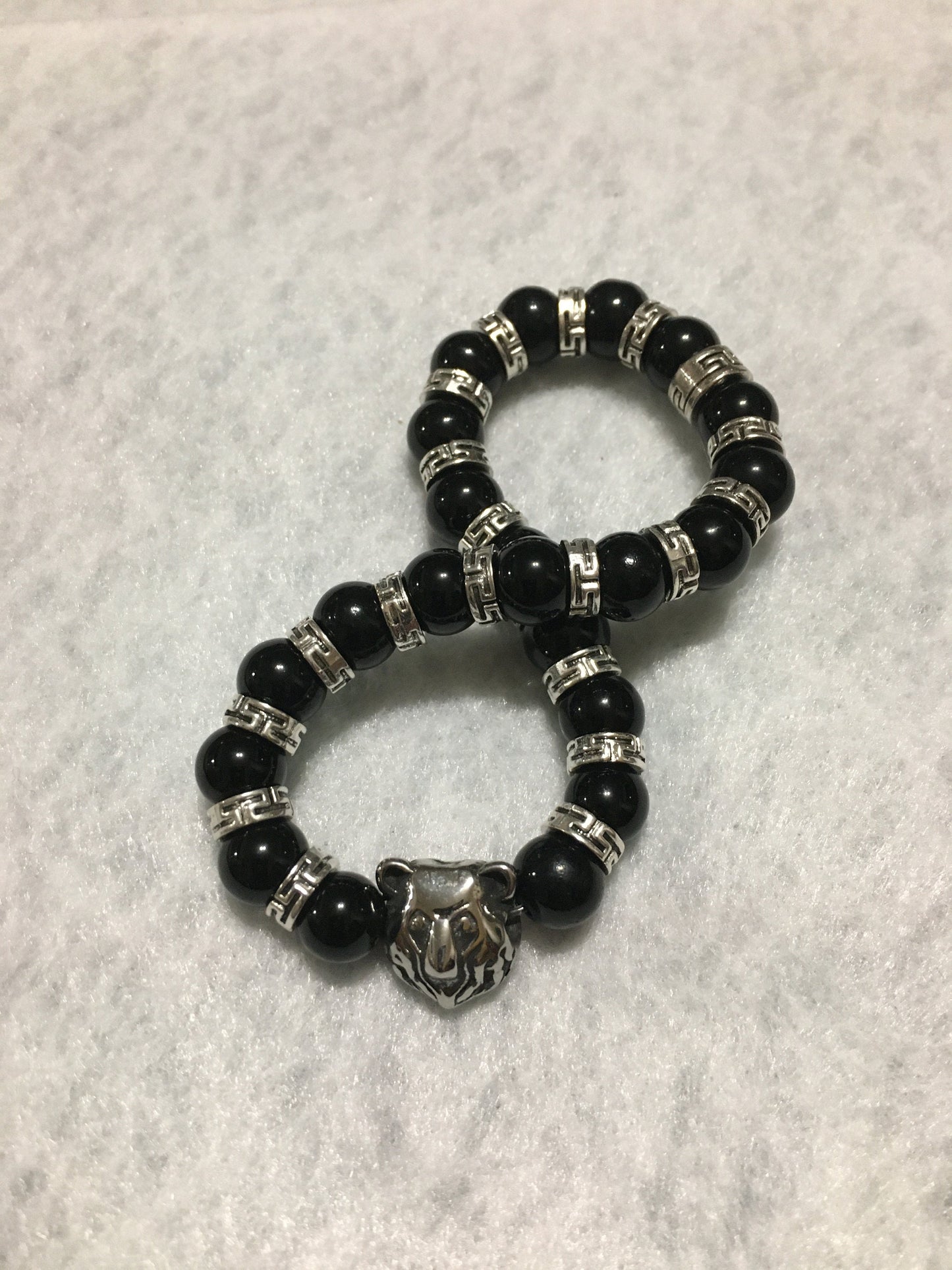 Chicago Bears Bracelet: Onyx Gemstone Beads, Stainless Steel Bear Charm
