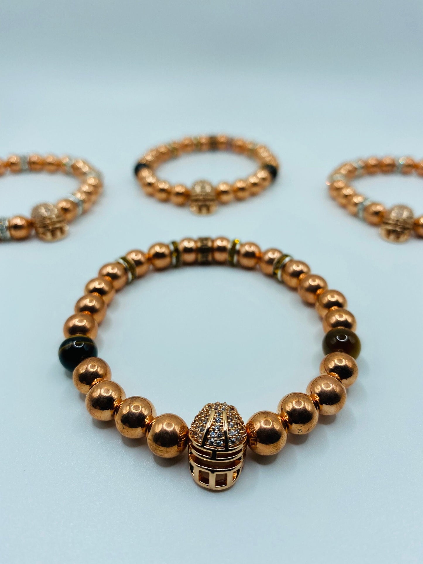 Rose Gold Hematite Bracelet: Spartan Helmet, Tiger's Eye Beads