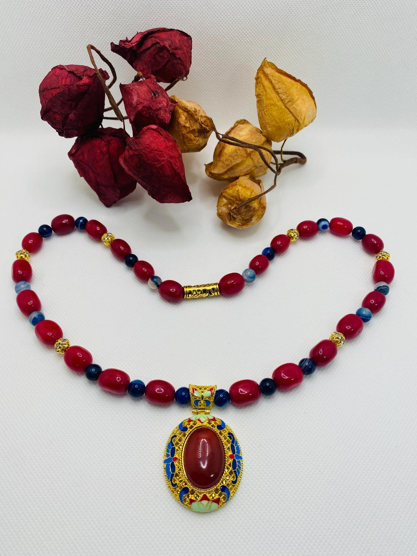 Chalcedony Pendant Necklace: Red Jade & Agate Gemstone Boho Jewelry