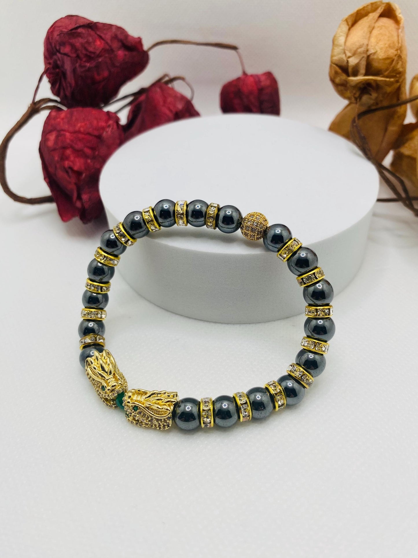 Dragon Hematite Beaded Bracelet: Gold CZ Charm, Handmade