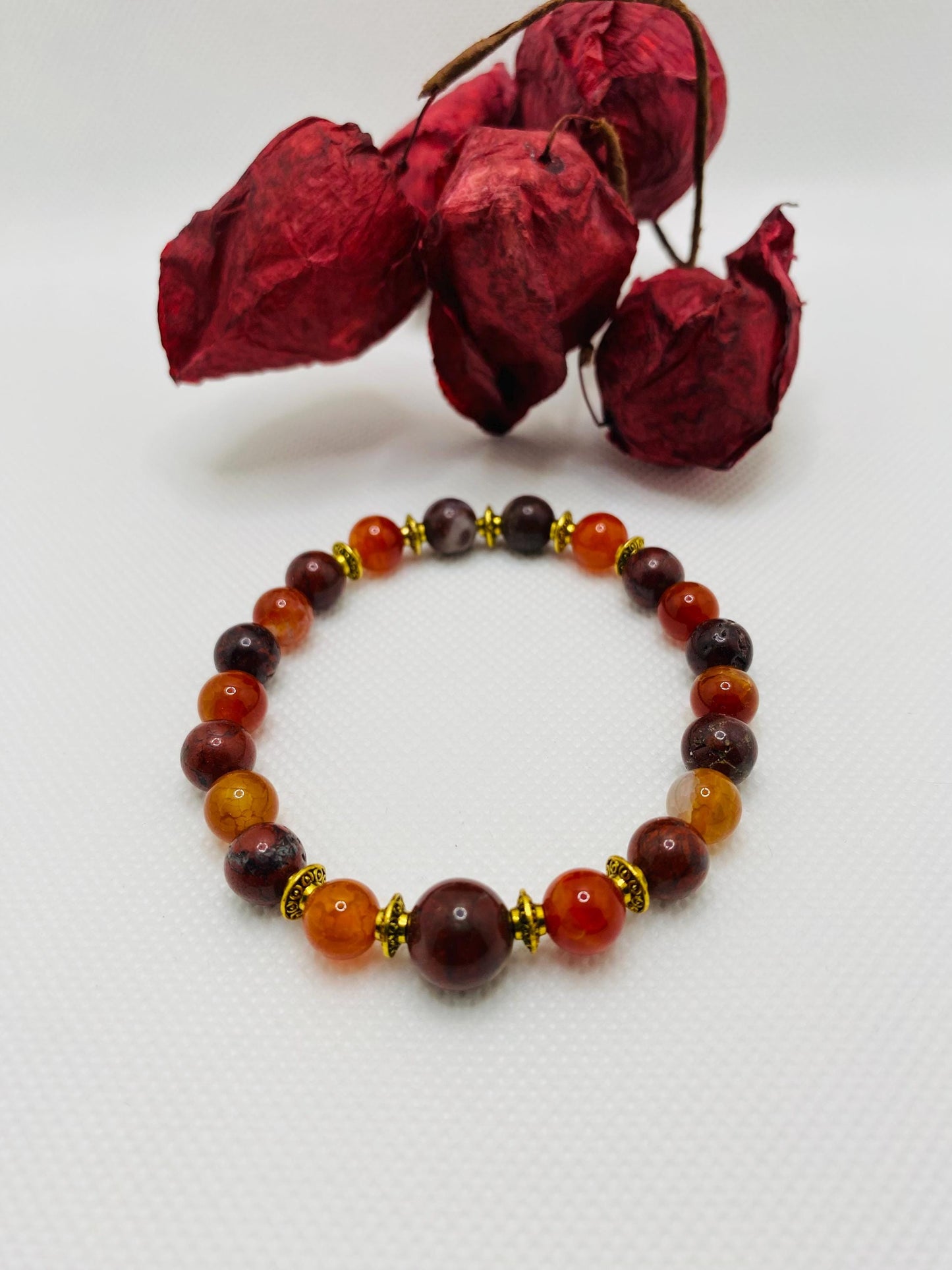 Mens Red Jasper Beaded Bracelet: Agate Gemstone, Tibetan Jewelry
