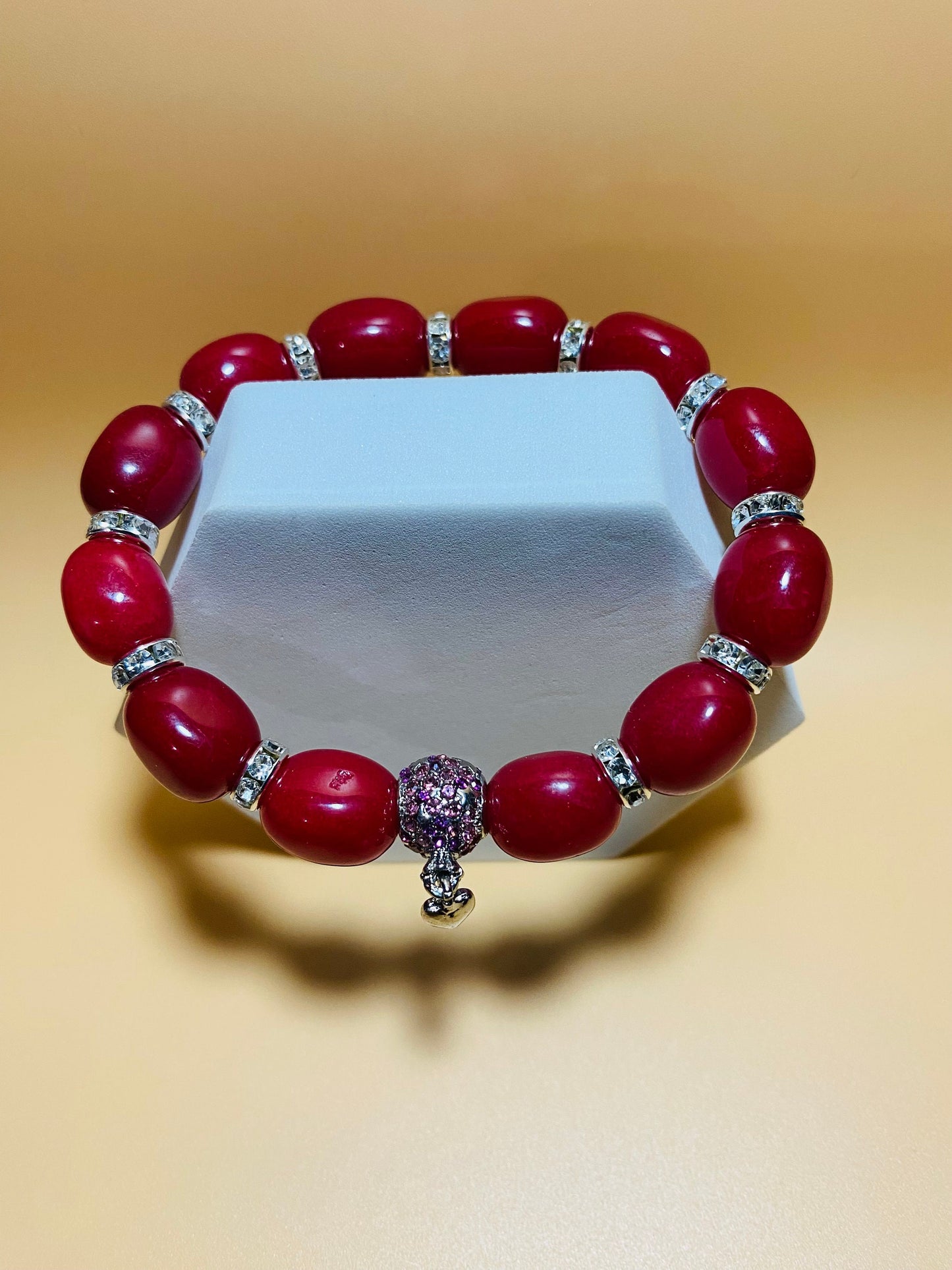 Red Jade Beaded Bracelet: Rhinestone Heart Charm, Silver Details