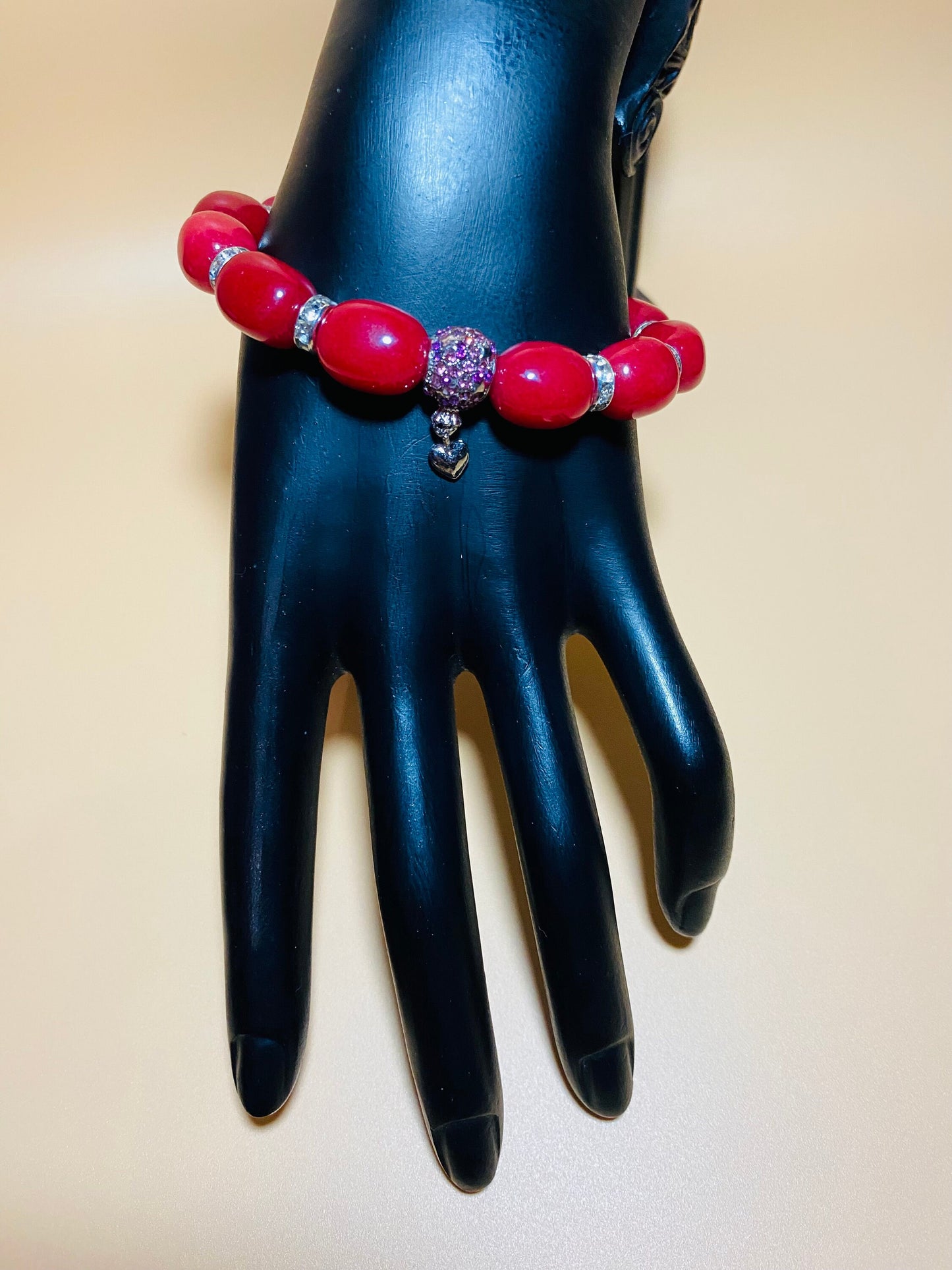 Red Jade Beaded Bracelet: Rhinestone Heart Charm, Silver Details