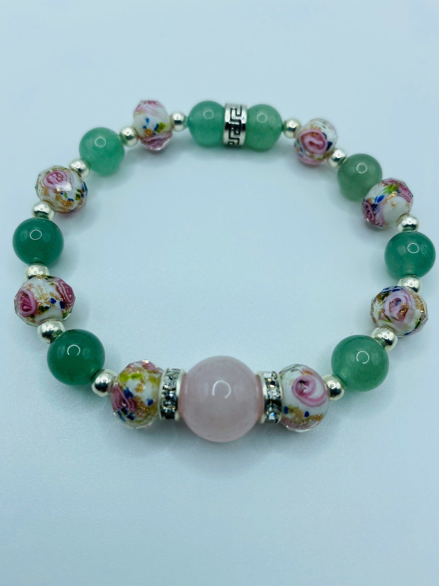 Rose Quartz Bracelet with Green Aventurine & Lampwork Glass Beads - Hematite Gemstone Bracelet