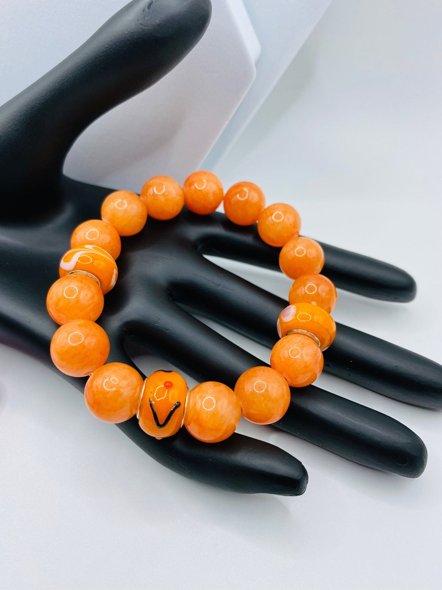 Handmade Orange Jade Bracelet: Murano Glass Bead Chunky Jewelry
