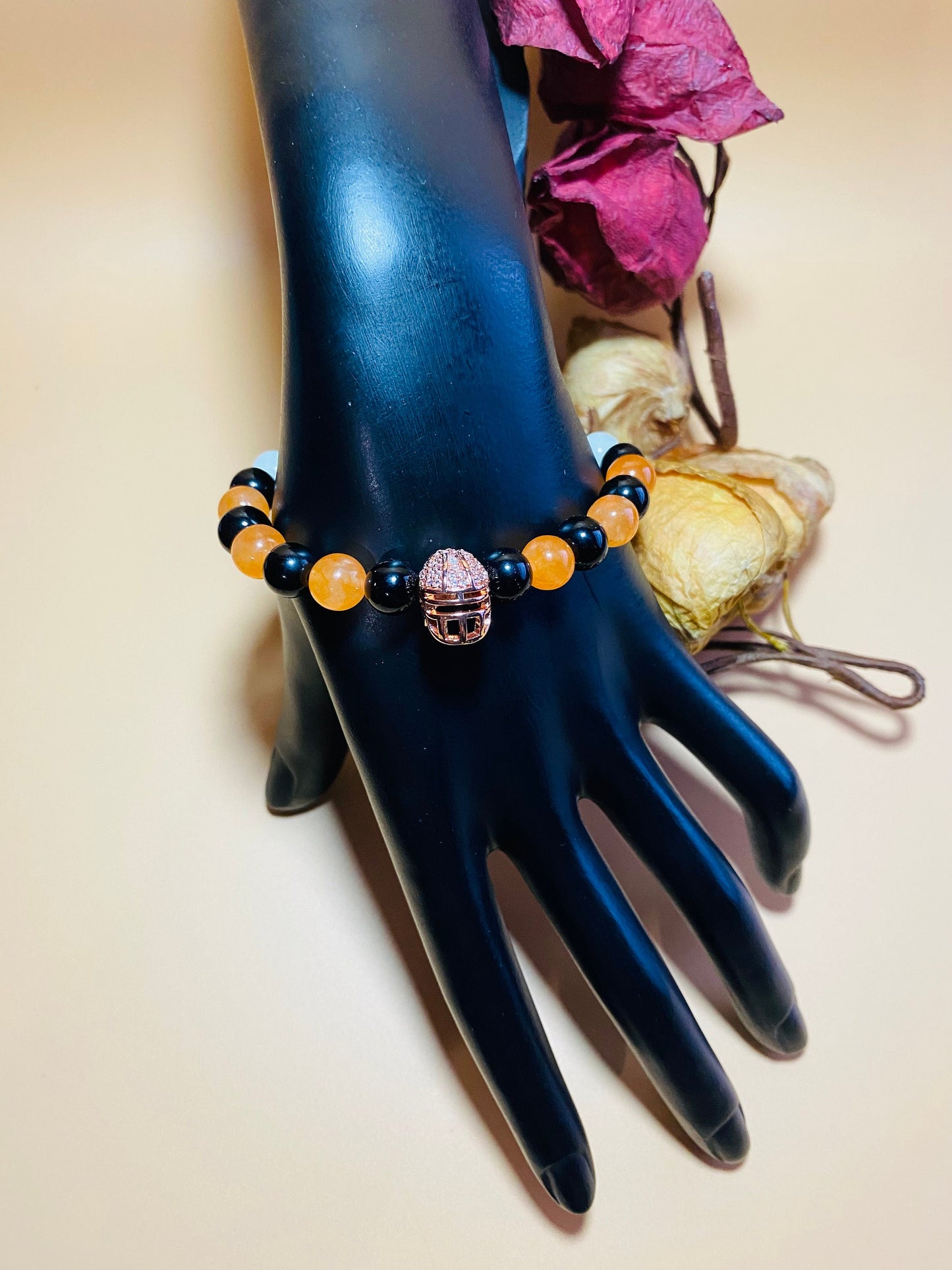 Cincinnati Bengals Bracelet: Onyx & Jade Gemstone Beads with Football Helmet