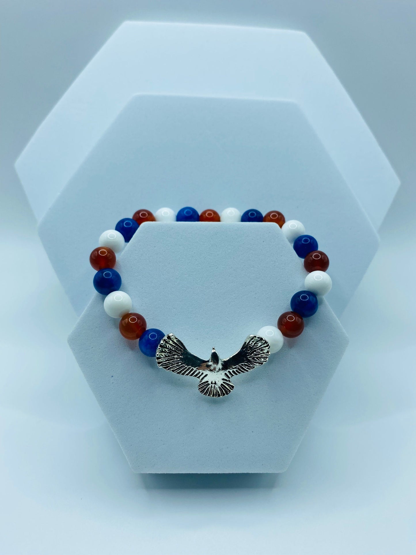 Eagle Charm Bracelet: Red, White & Blue Gemstone Beaded Patriotic Jewelry