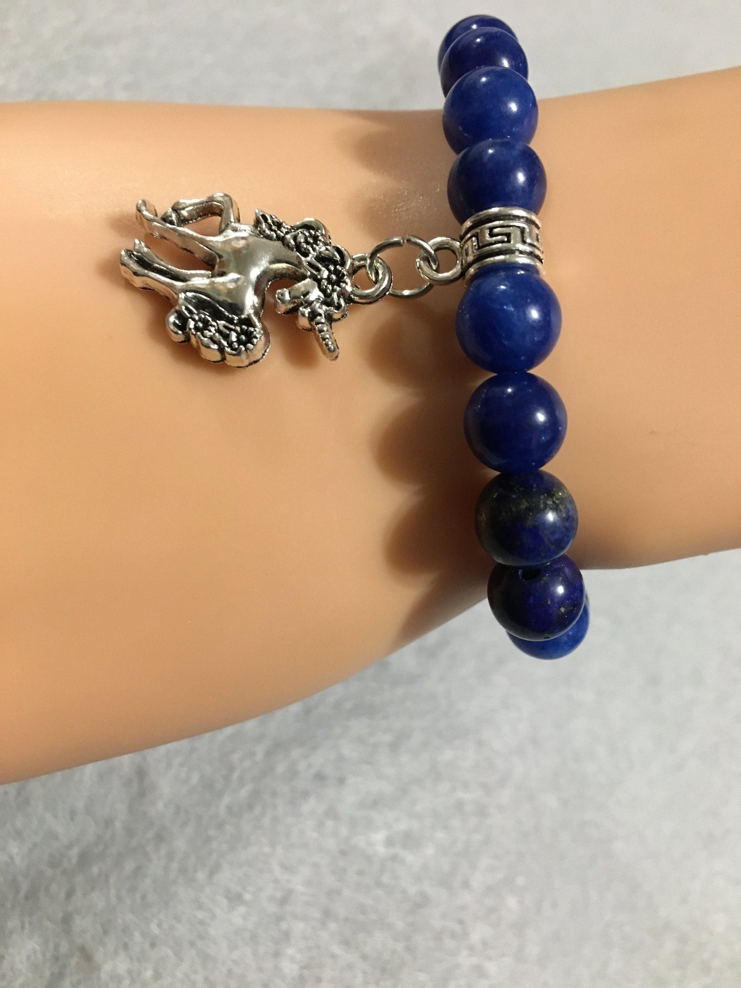 Lapis Lazuli Unicorn Charm Bracelet: Antique Silver, Handmade